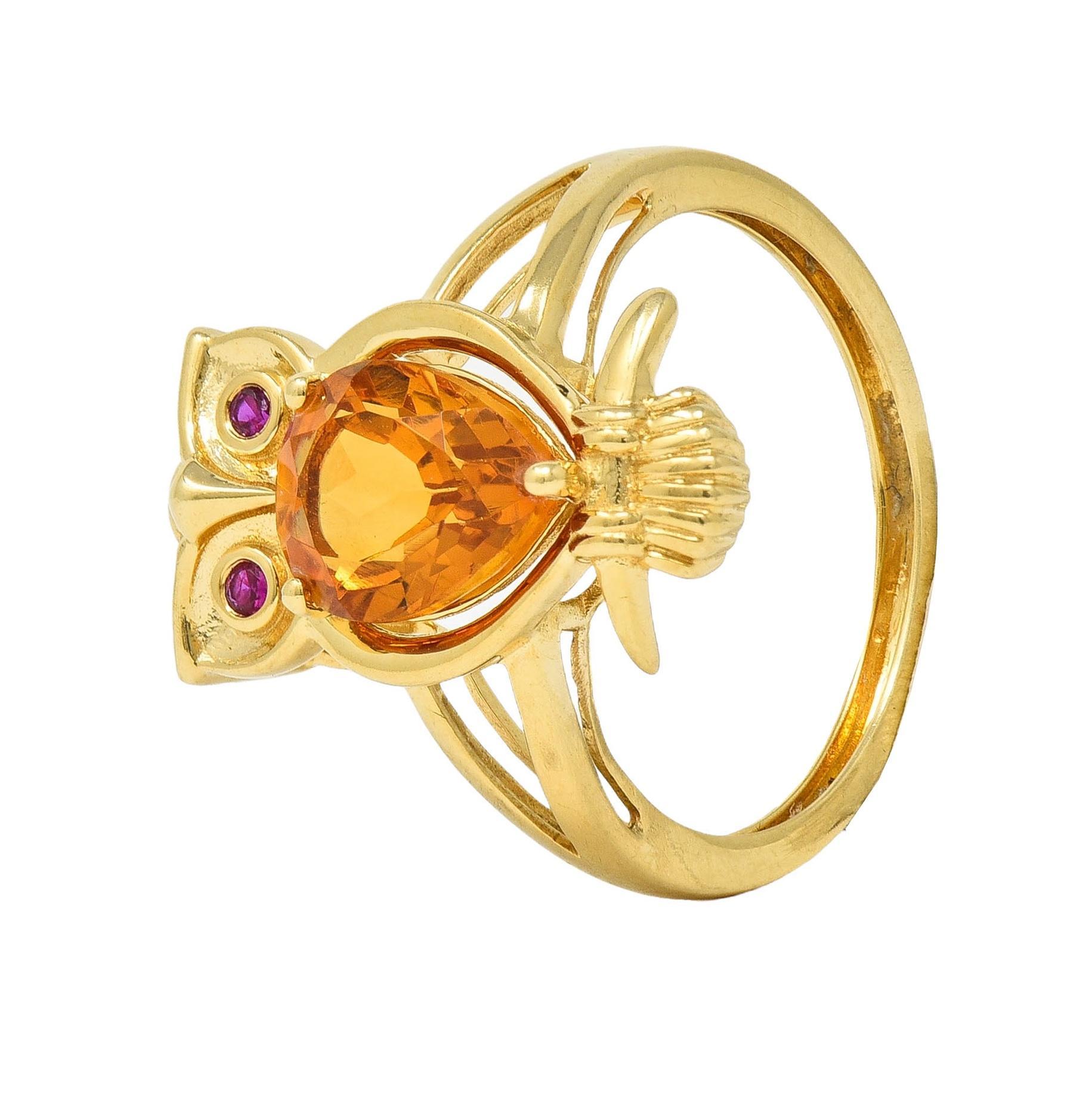 Contemporary 1.63 CTW Citrine Ruby 18 Karat Yellow Gold Owl Bird Ring 4