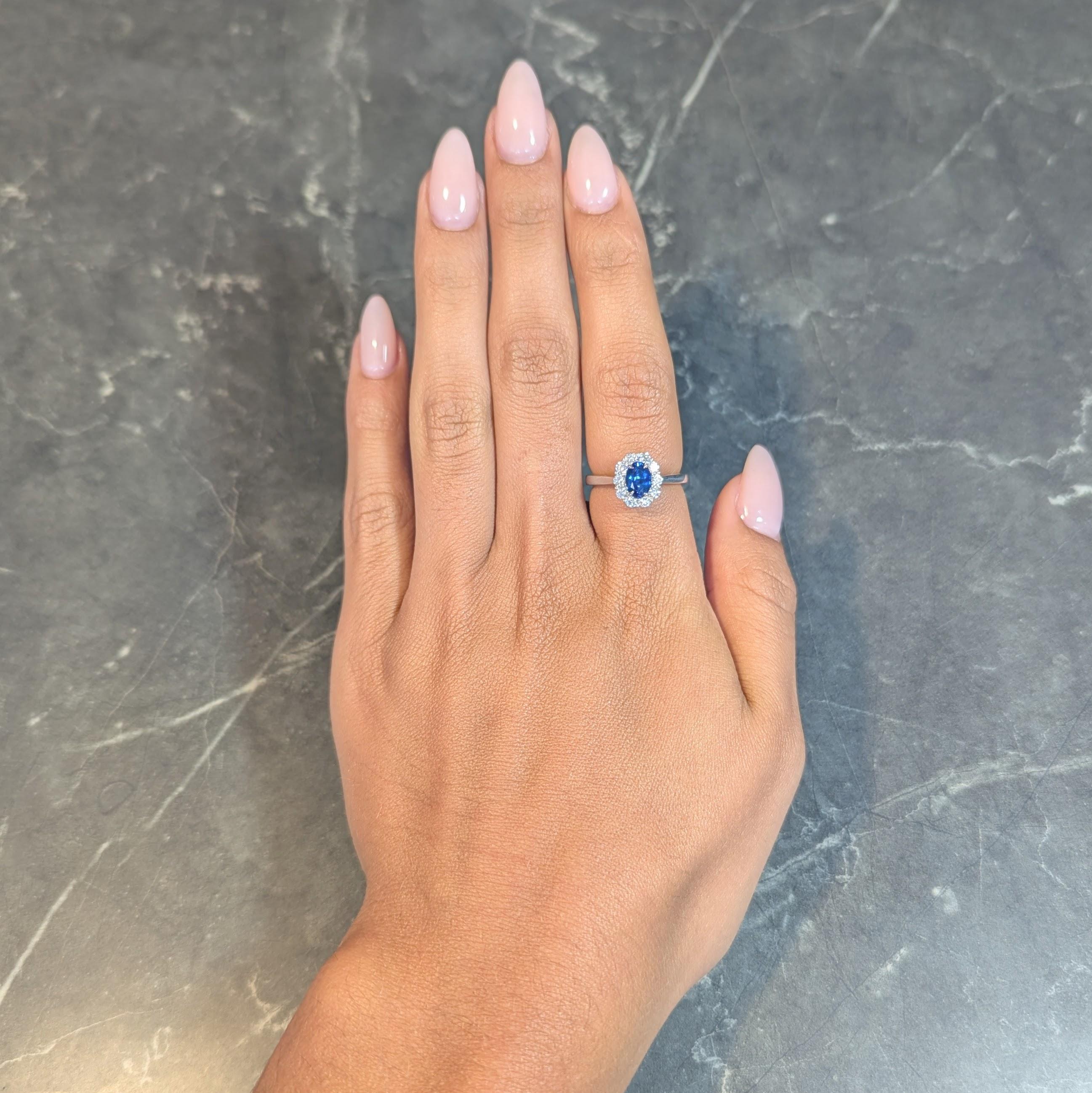 Round Cut Contemporary 1.63 CTW Sapphire Diamond 18 Karat White Gold Halo Ring