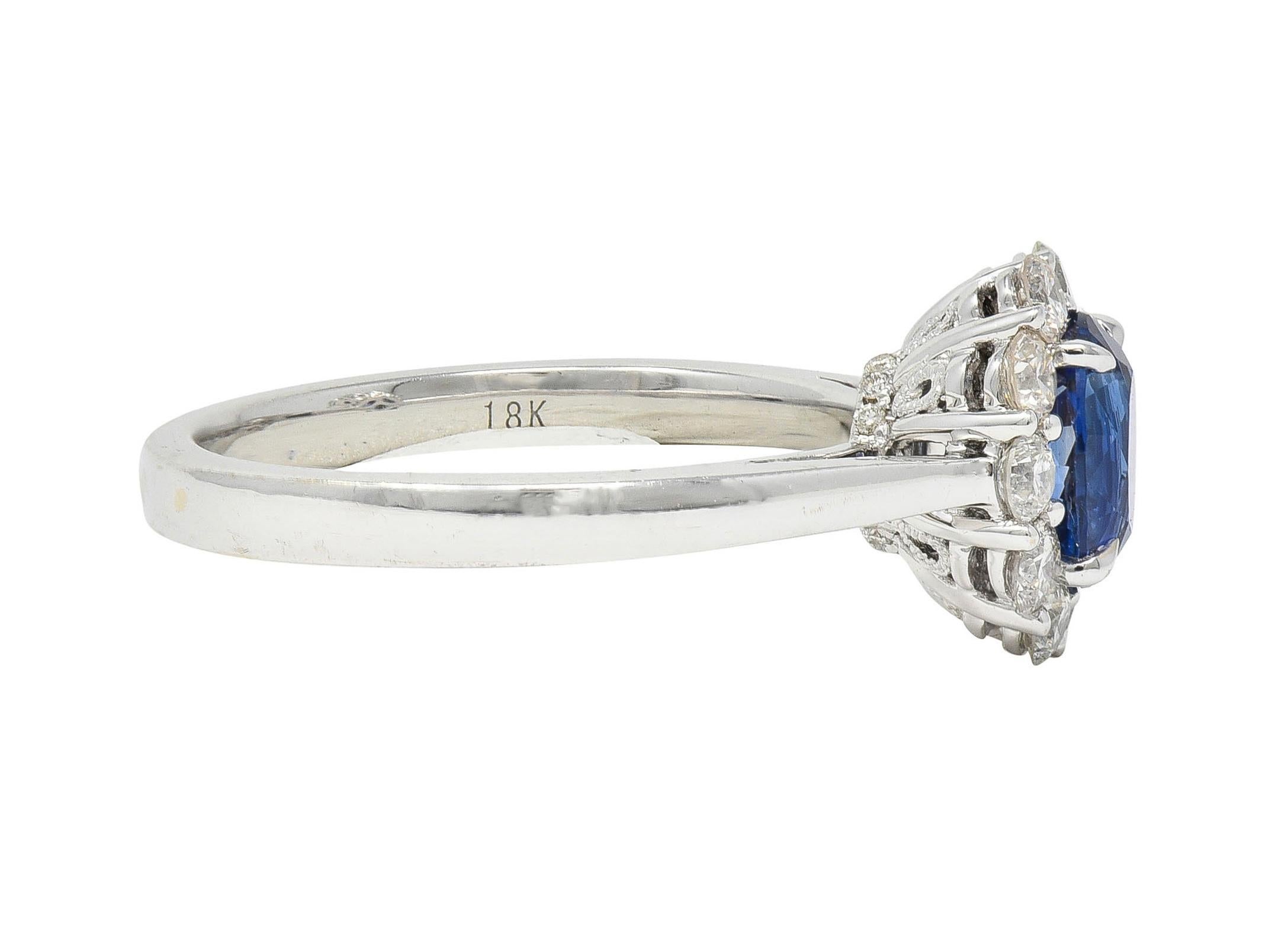 Contemporary 1.63 CTW Sapphire Diamond 18 Karat White Gold Halo Ring In Excellent Condition In Philadelphia, PA