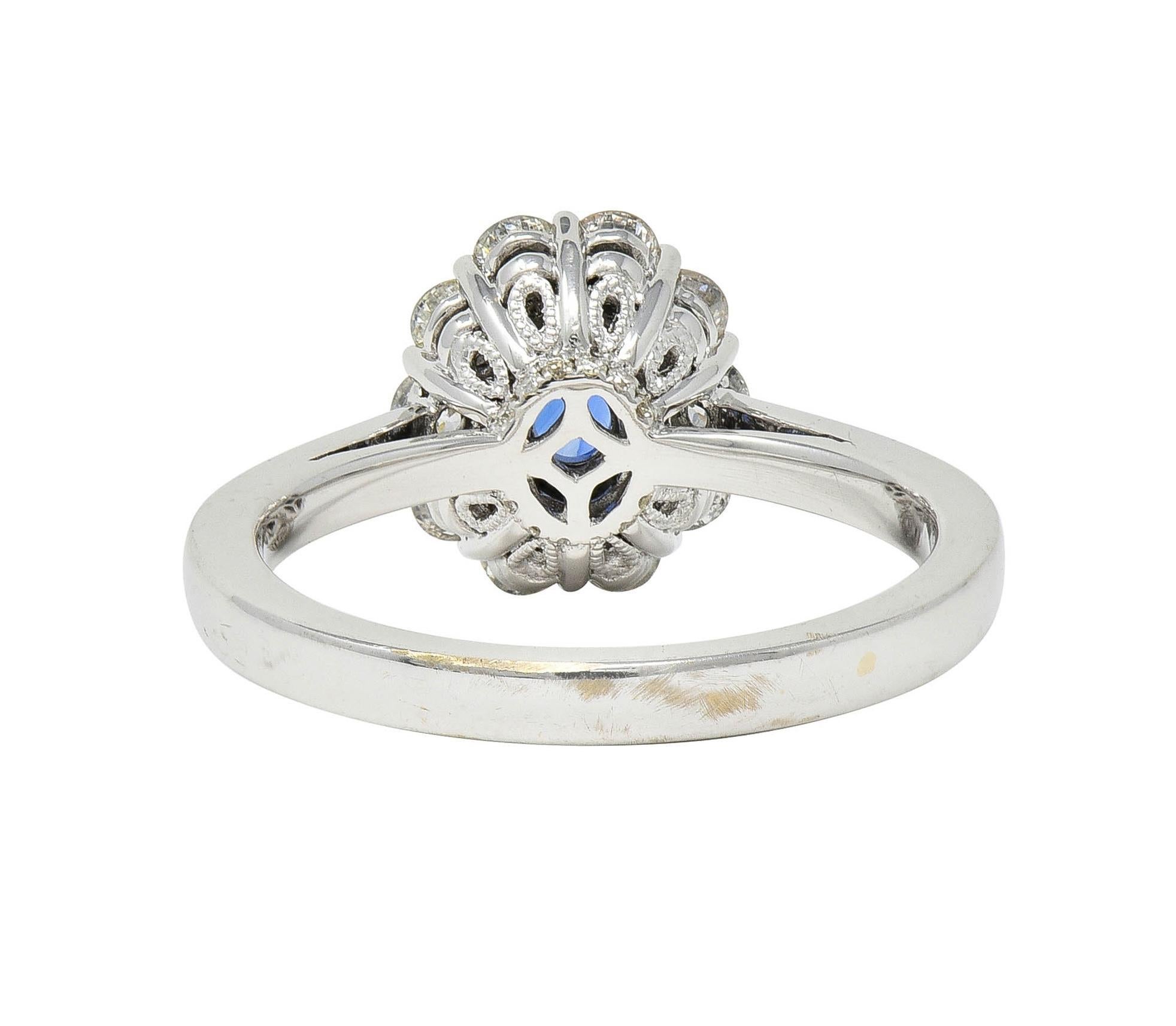 Women's or Men's Contemporary 1.63 CTW Sapphire Diamond 18 Karat White Gold Halo Ring