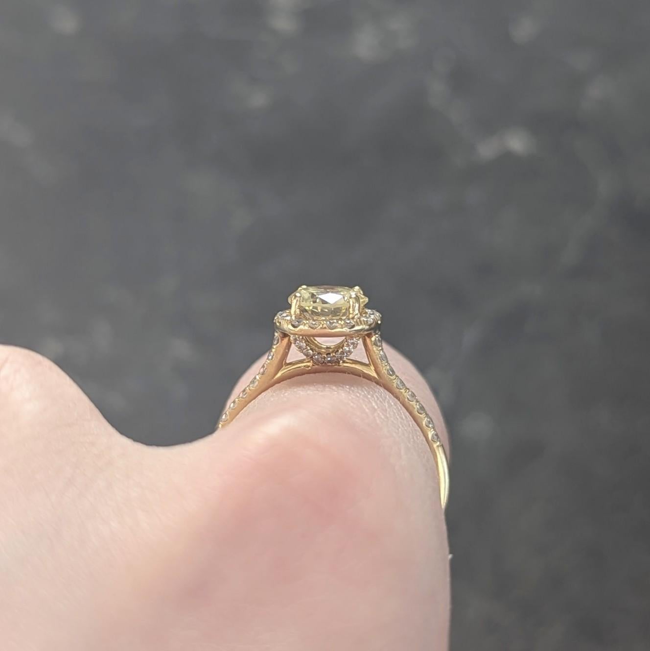 Contemporary 1.65 CTW Fancy Yellow Diamond 18K Gold Halo Engagement Ring GIA For Sale 7