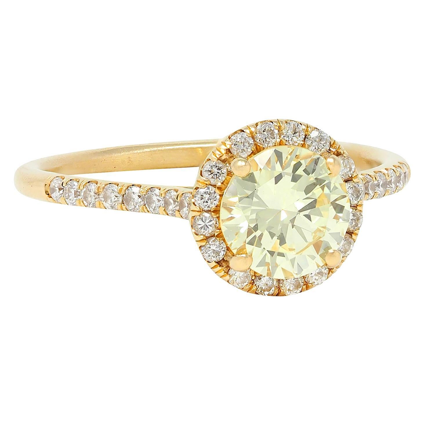 Brilliant Cut Contemporary 1.65 CTW Fancy Yellow Diamond 18K Gold Halo Engagement Ring GIA For Sale