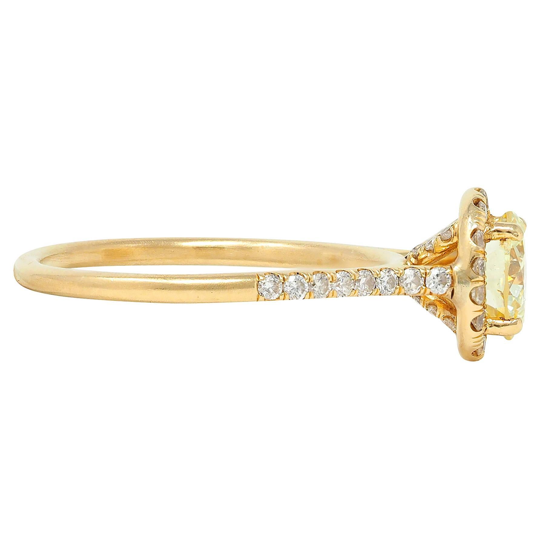 Contemporary 1.65 CTW Fancy Yellow Diamond 18K Gold Halo Engagement Ring GIA In Excellent Condition For Sale In Philadelphia, PA