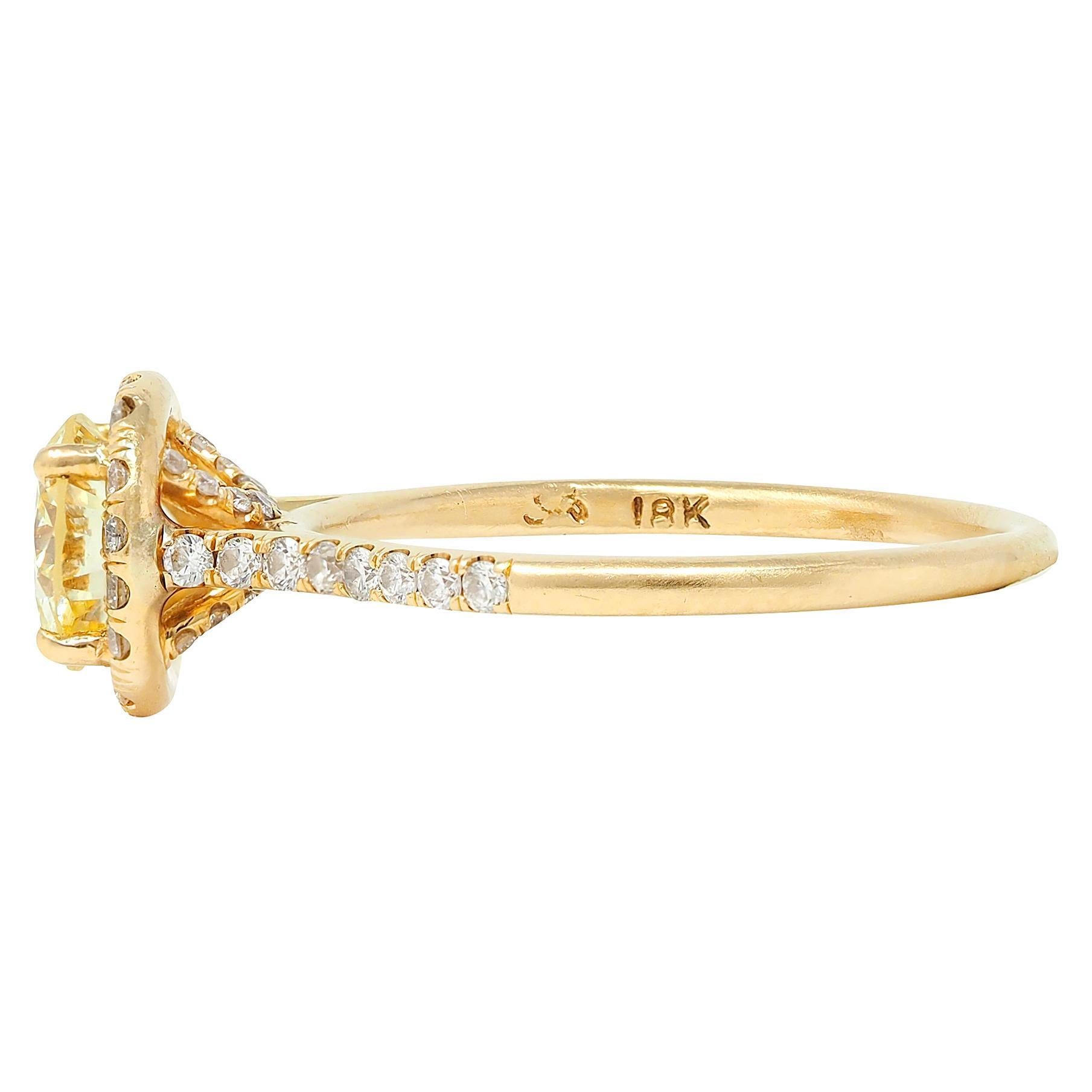 Contemporary 1.65 CTW Fancy Yellow Diamond 18K Gold Halo Engagement Ring GIA For Sale 1