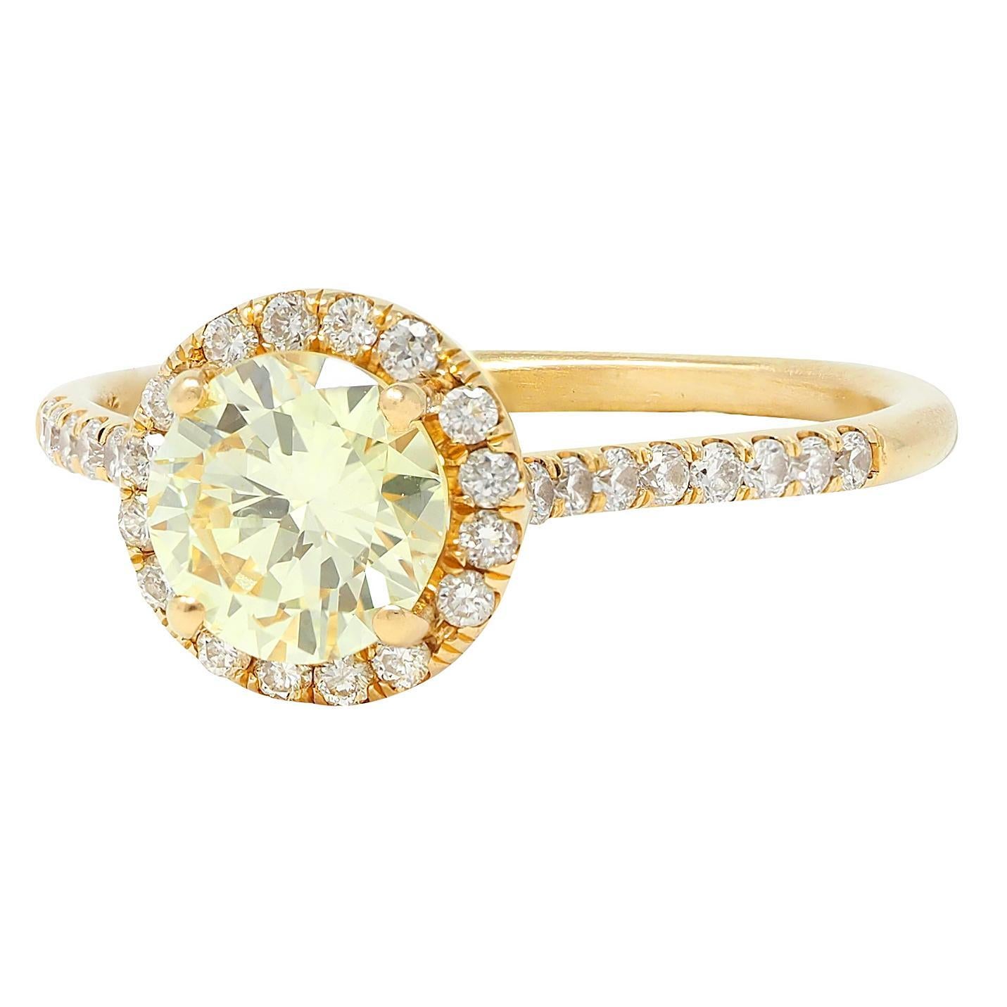 Contemporary 1.65 CTW Fancy Yellow Diamond 18K Gold Halo Engagement Ring GIA For Sale 2