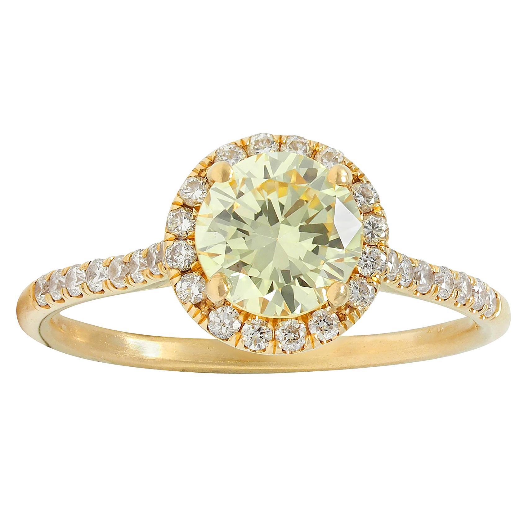 Contemporary 1.65 CTW Fancy Yellow Diamond 18K Gold Halo Engagement Ring GIA For Sale 3