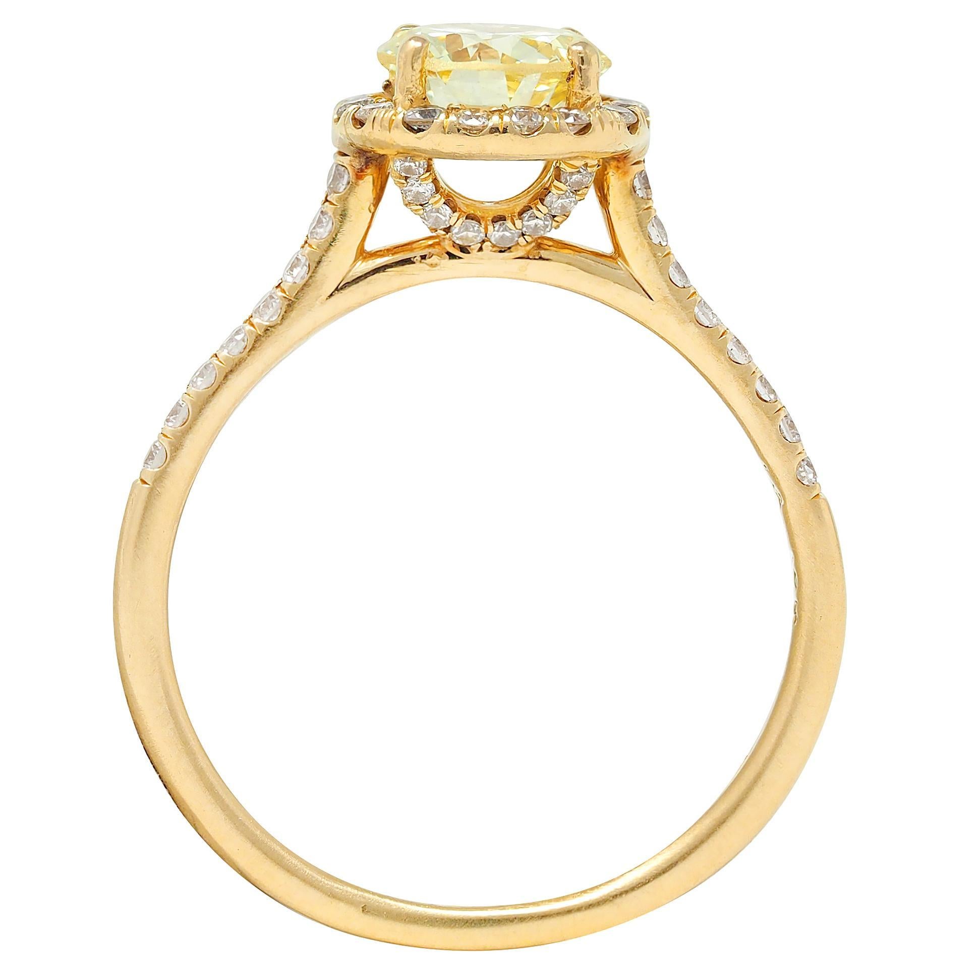 Contemporary 1.65 CTW Fancy Yellow Diamond 18K Gold Halo Engagement Ring GIA For Sale 4