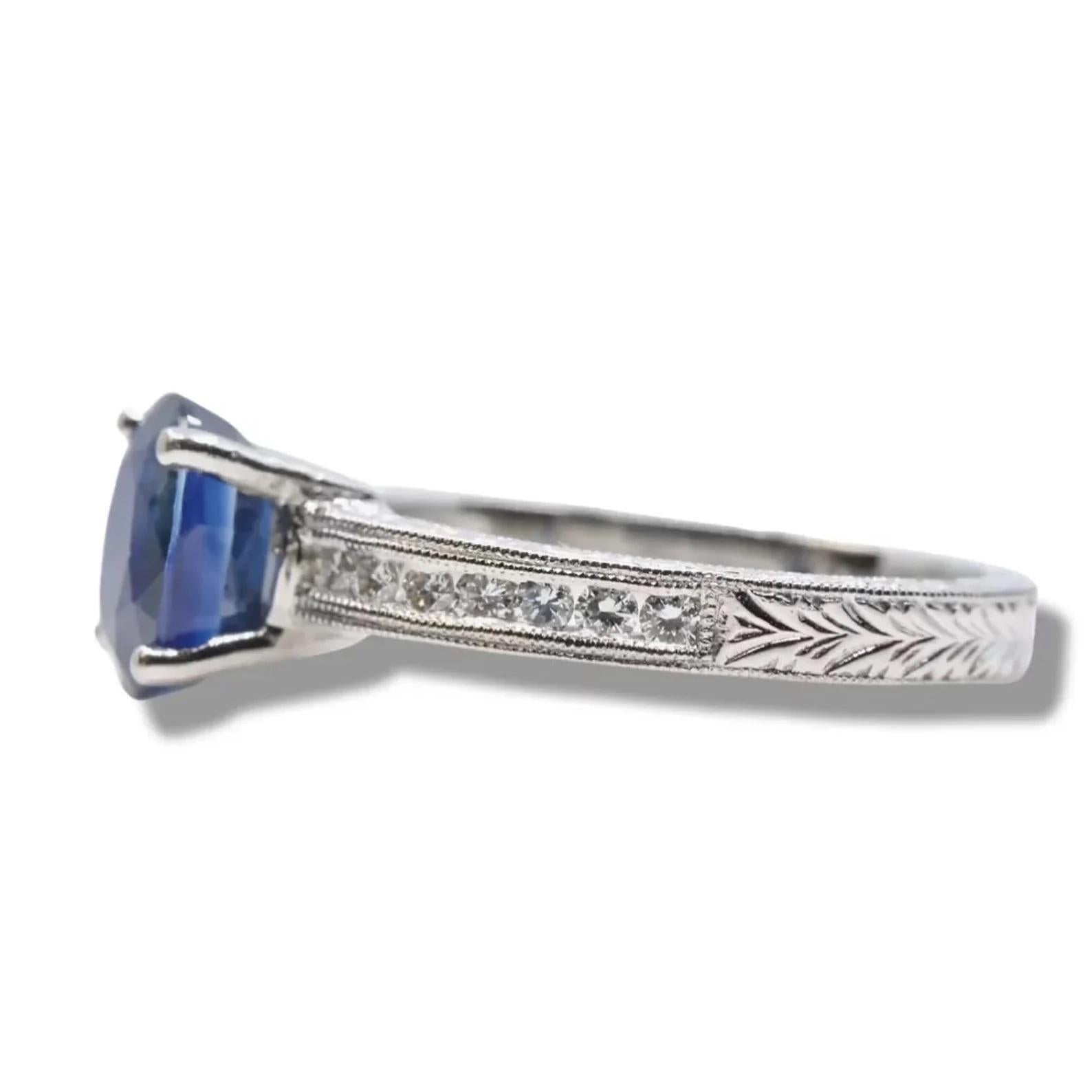 Oval Cut Contemporary 1.65ct Sapphire & Diamond Hand Engraved Engagement Ring For Sale