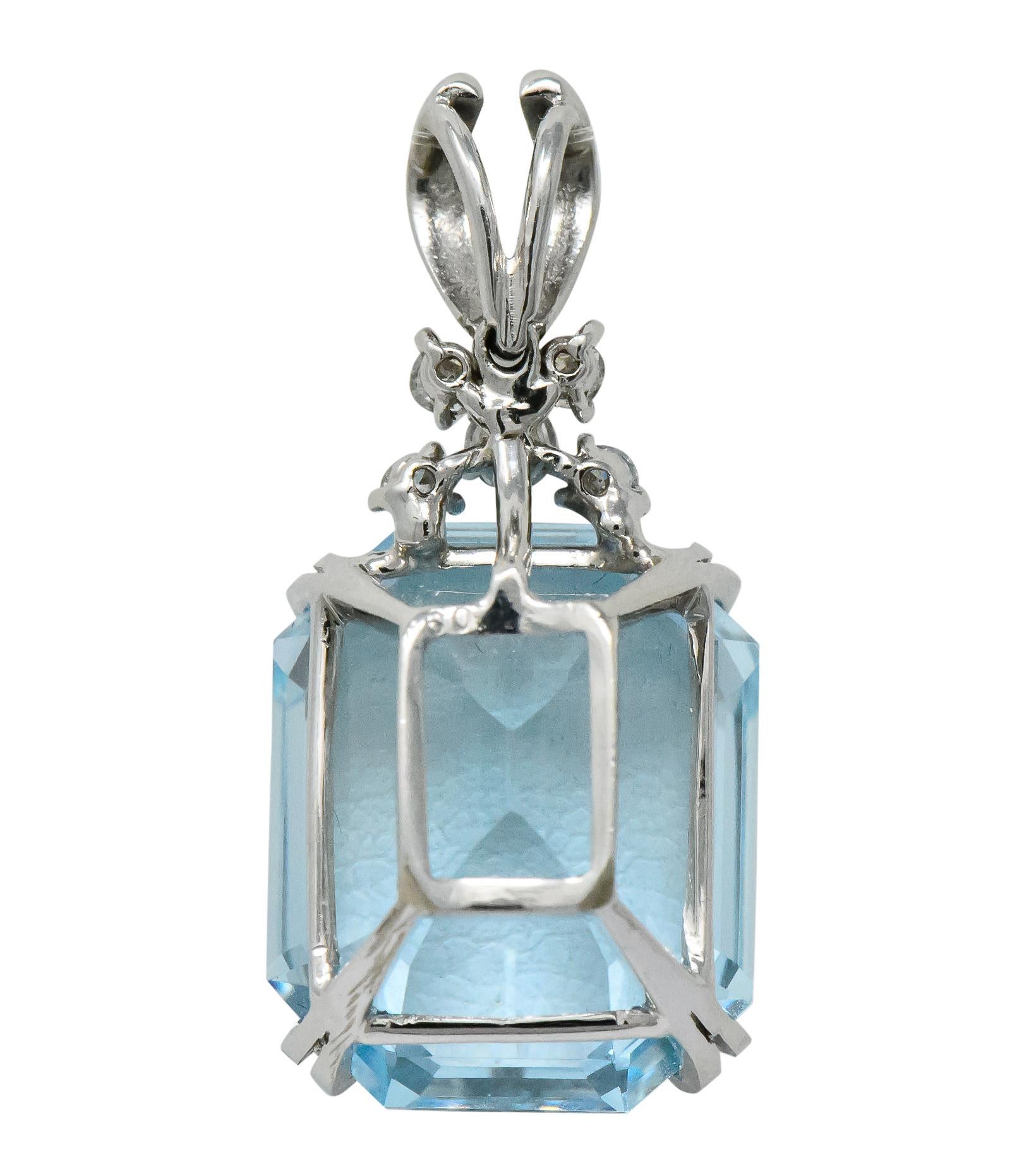 Featuring a transparent, light blue, rectangular step cut aquamarine weighing approximately 16.50 carats

Accented by five round brilliant cut diamonds weighing approximately 0.25 carat total, G/H color and VS clarity

16.75 CTW

Aquamarine is