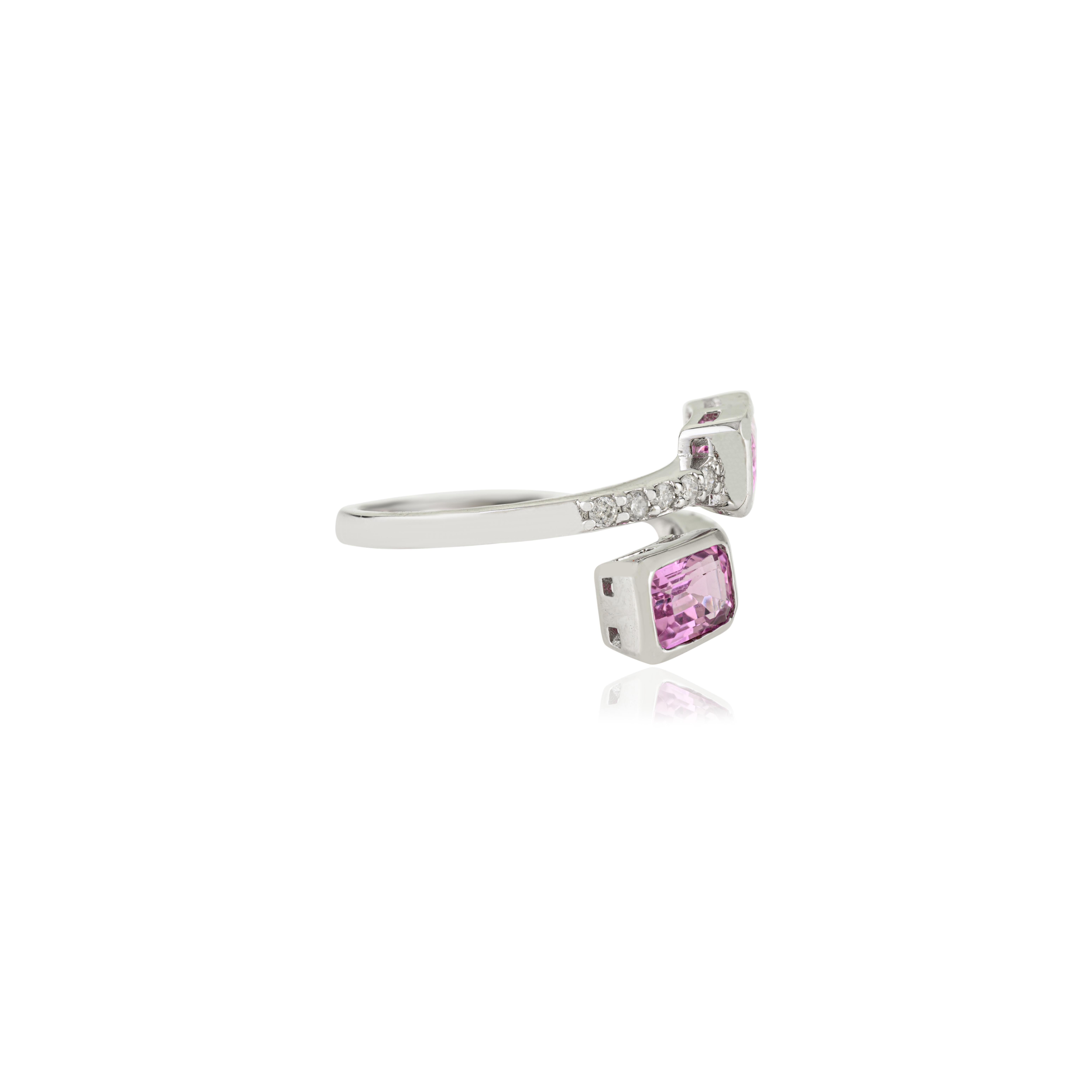 En vente :  Bague bypass contemporaine en or blanc massif 14K de 1,68 ct de saphir rose et de diamant 5