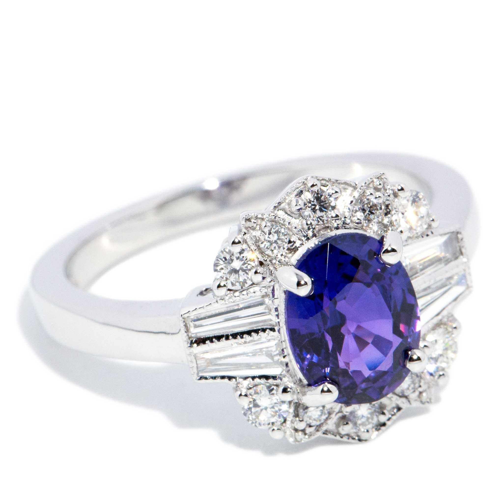 Oval Cut Contemporary 1.72 Purple Sapphire & Diamond Ring 18ct White Gold For Sale
