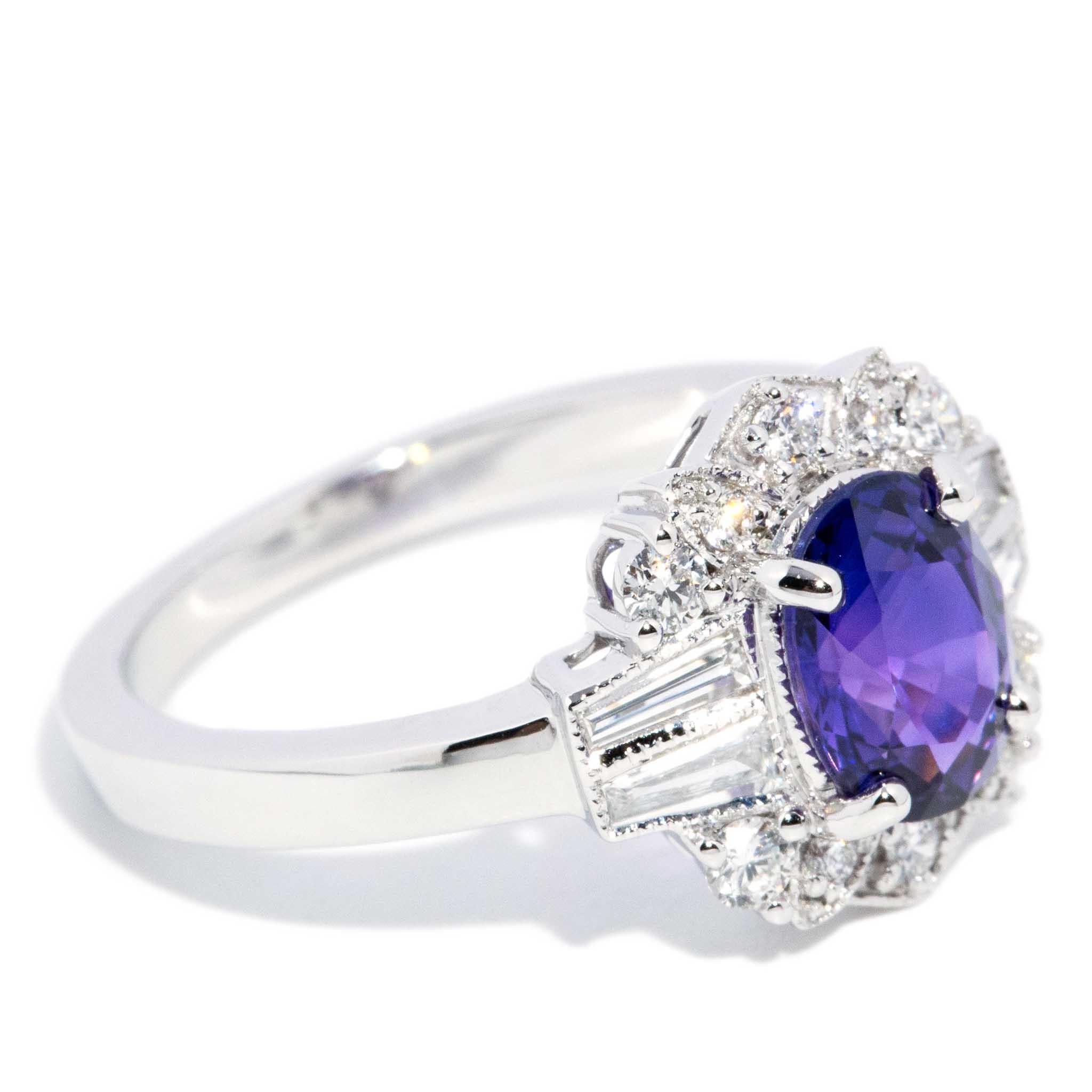 Women's Contemporary 1.72 Purple Sapphire & Diamond Ring 18ct White Gold For Sale