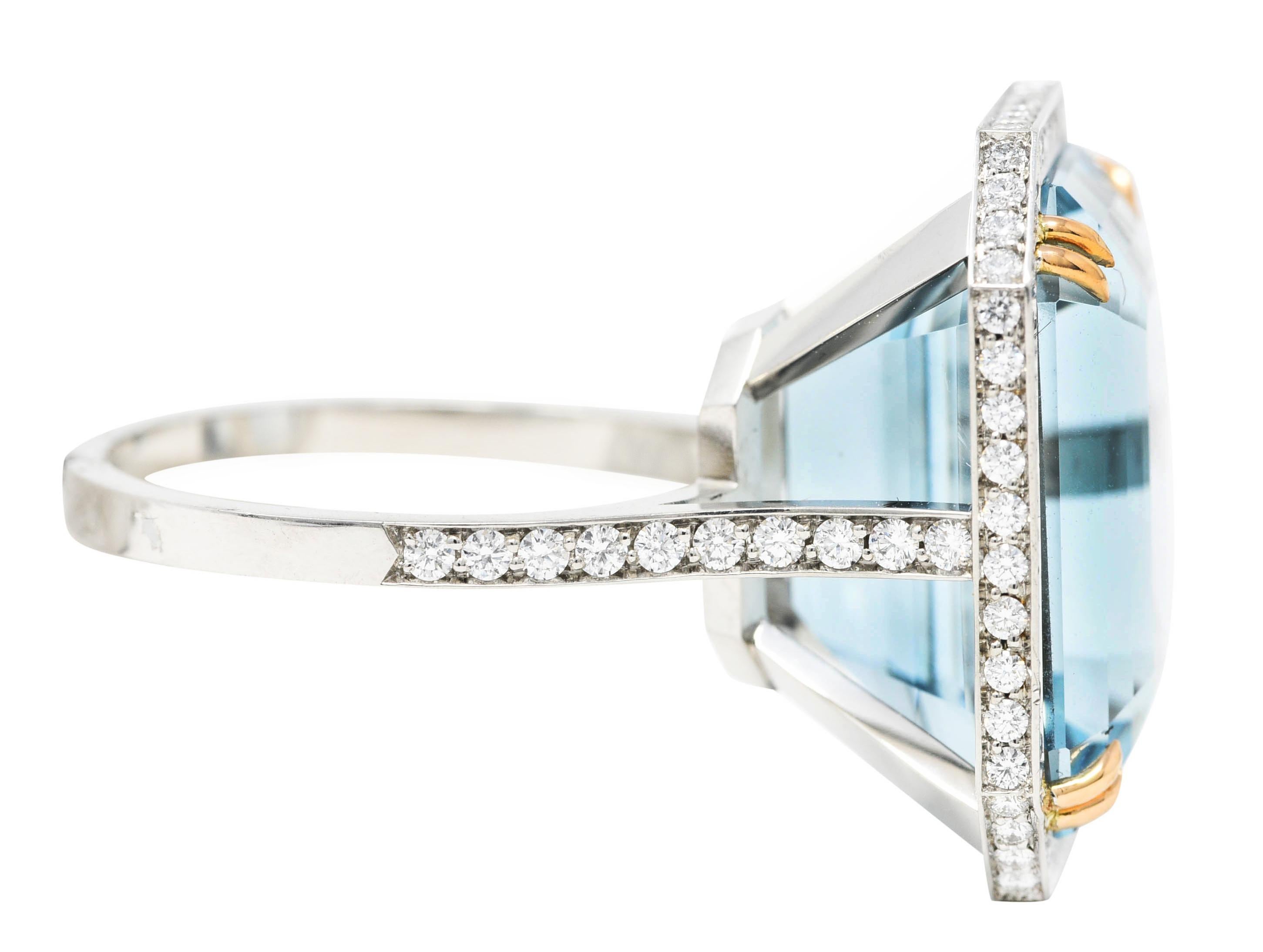 Emerald Cut Contemporary 17.25 Carats Aquamarine Diamond Platinum 18 Karat Gold Ring For Sale