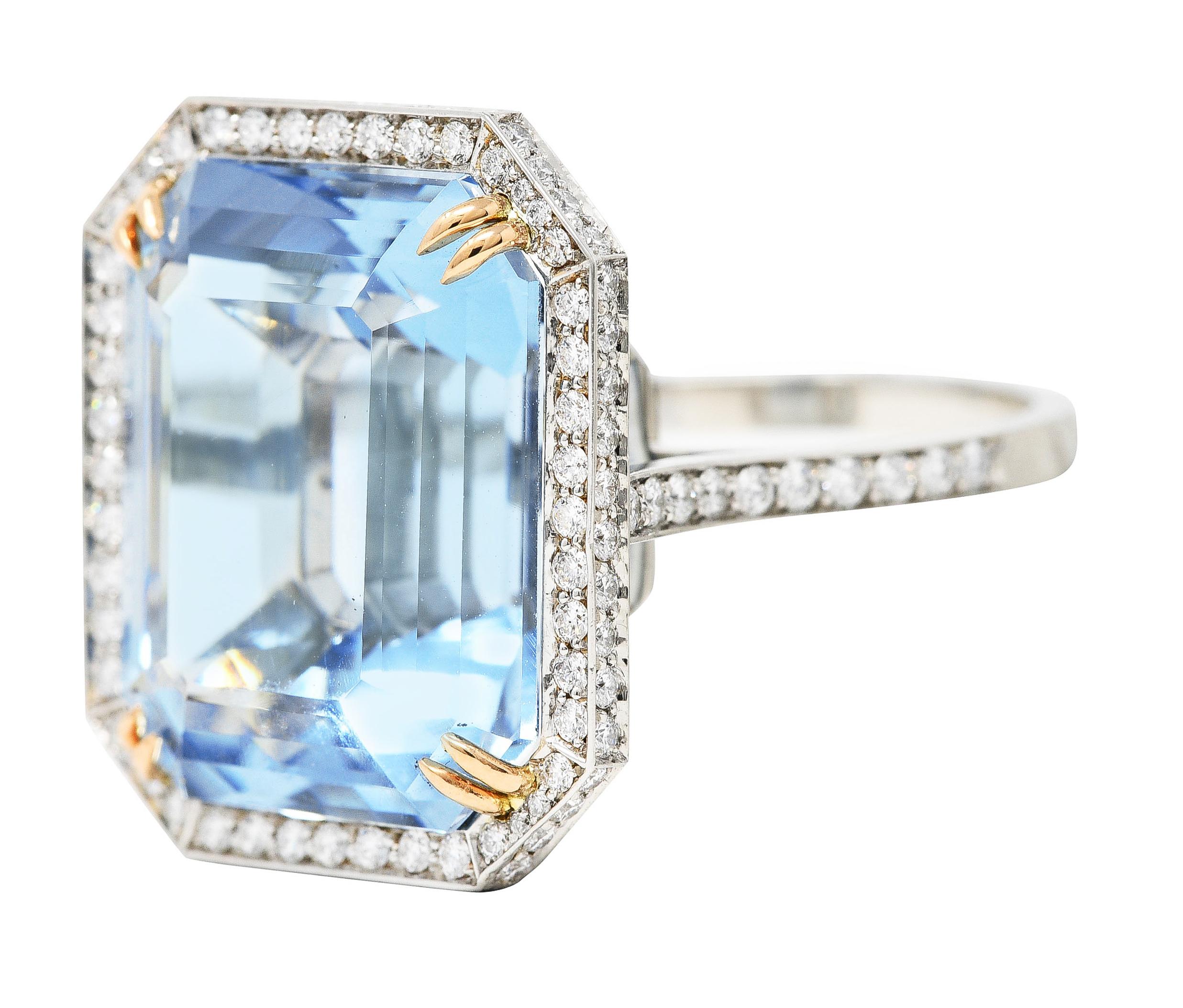 Contemporary 17.25 Carats Aquamarine Diamond Platinum 18 Karat Gold Ring For Sale 1