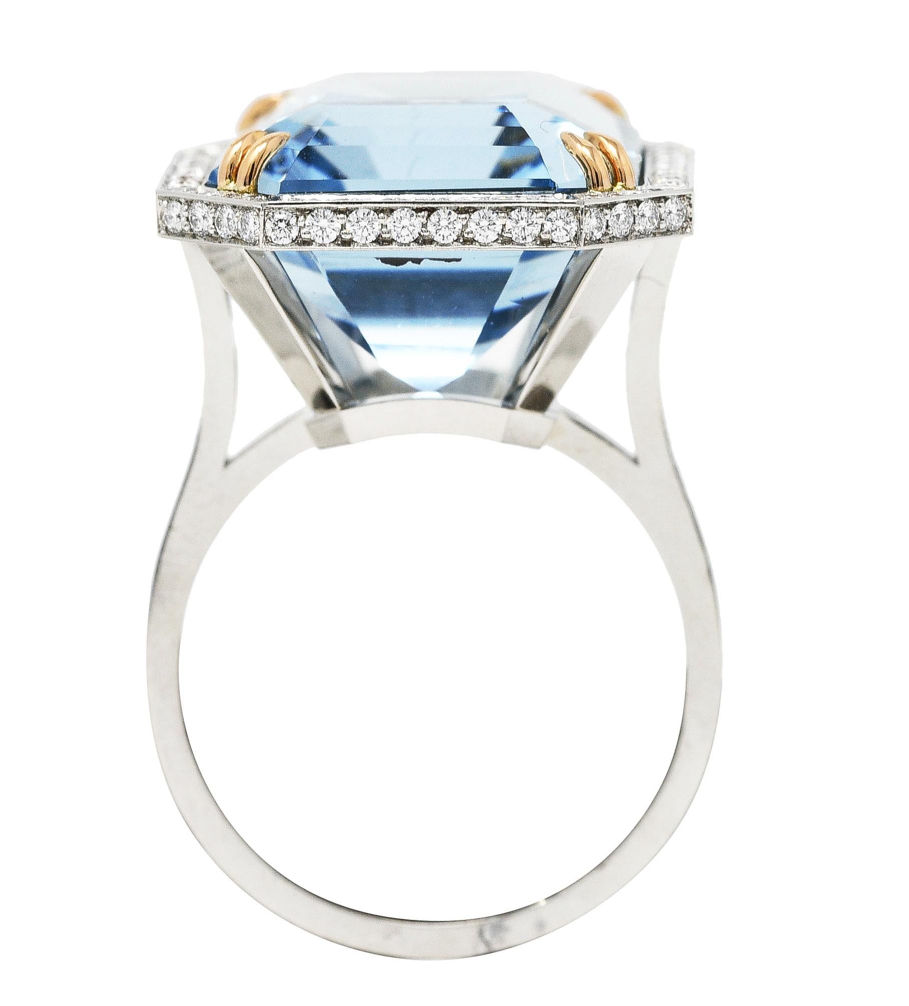 Contemporary 17.25 Carats Aquamarine Diamond Platinum 18 Karat Gold Ring For Sale 2