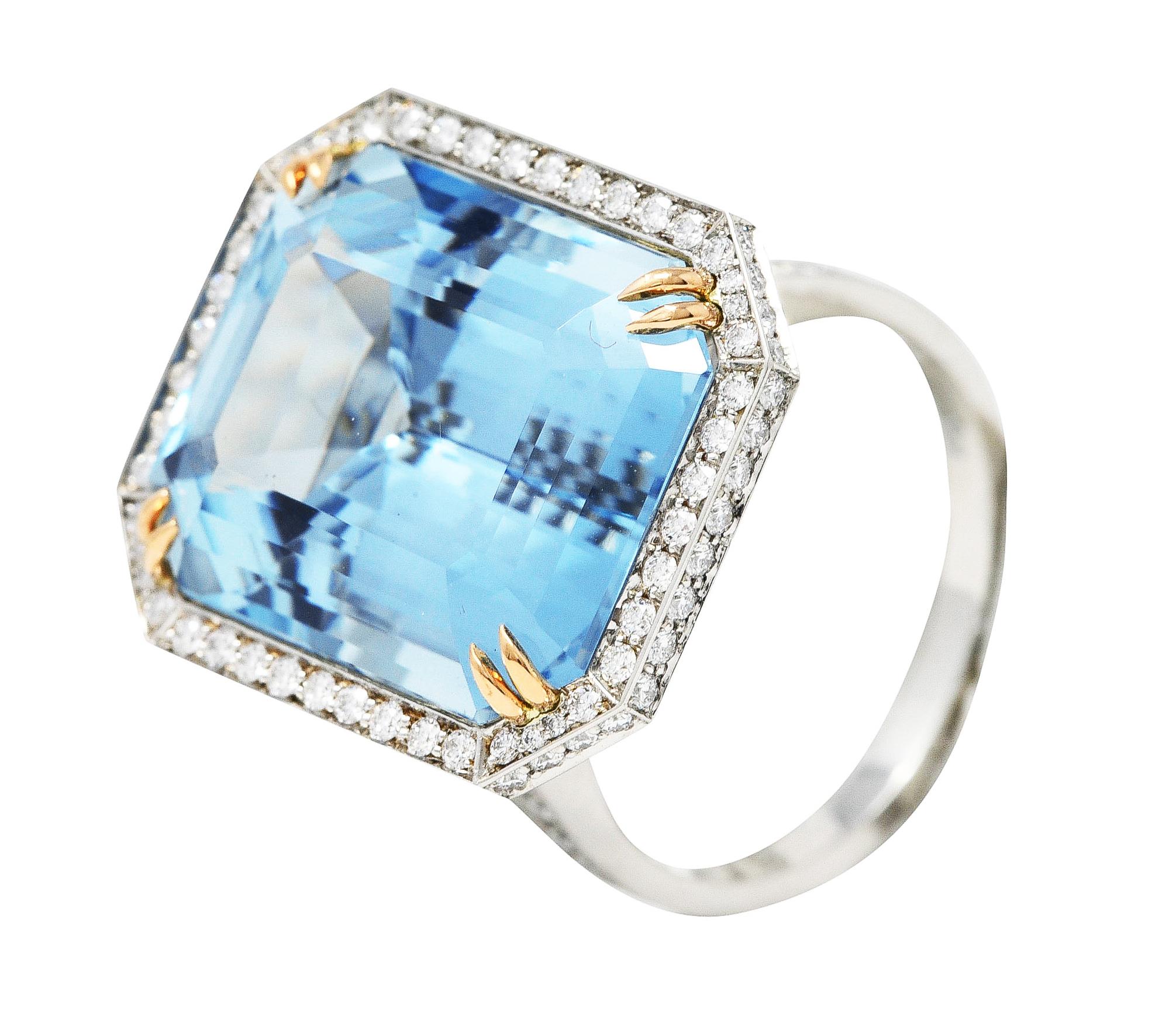Contemporary 17.25 Carats Aquamarine Diamond Platinum 18 Karat Gold Ring For Sale 3