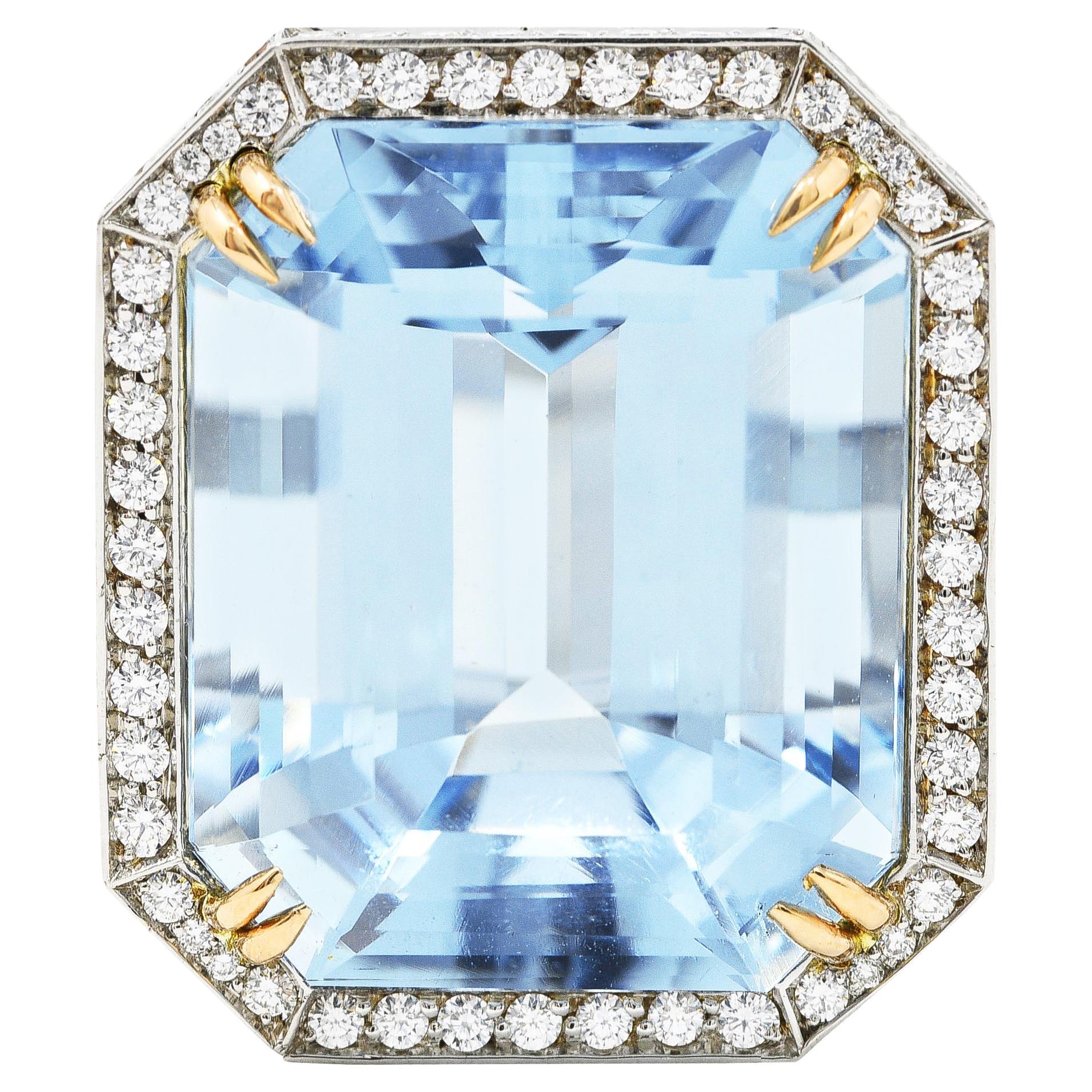 Contemporary 17.25 Carats Aquamarine Diamond Platinum 18 Karat Gold Ring For Sale