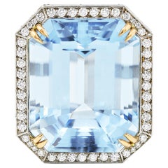 Contemporary 17.25 Carats Aquamarine Diamond Platinum 18 Karat Gold Ring