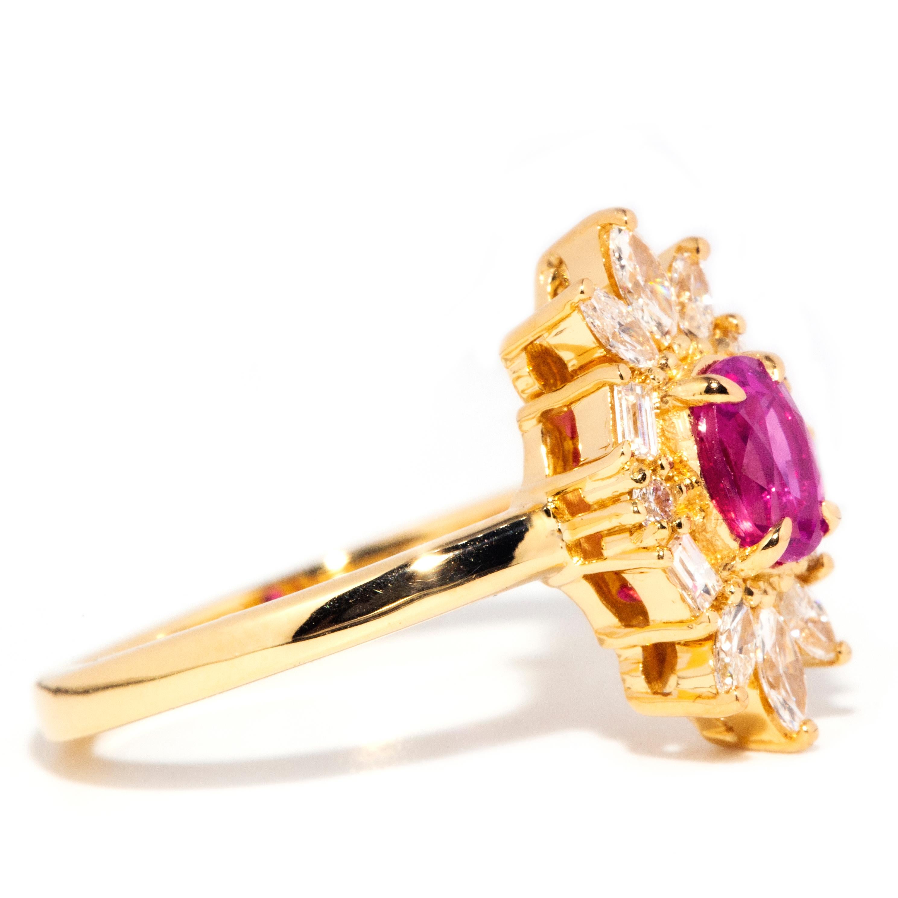 Oval Cut Contemporary 18 Carat Gold Oval Vivid Pink Sapphire & Diamond Halo Cluster Ring