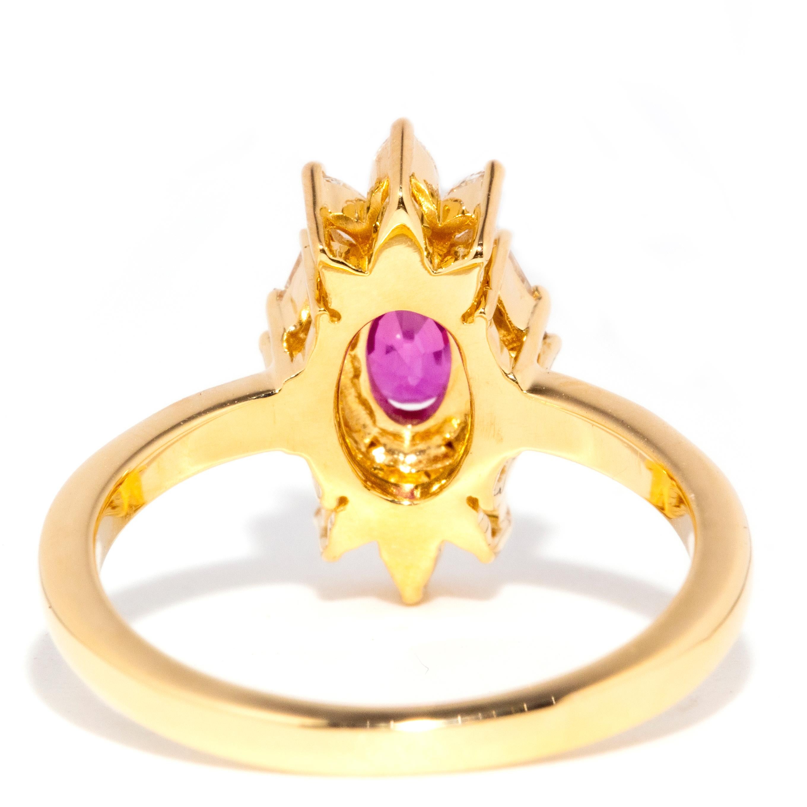 Contemporary 18 Carat Gold Oval Vivid Pink Sapphire & Diamond Halo Cluster Ring In New Condition In Hamilton, AU