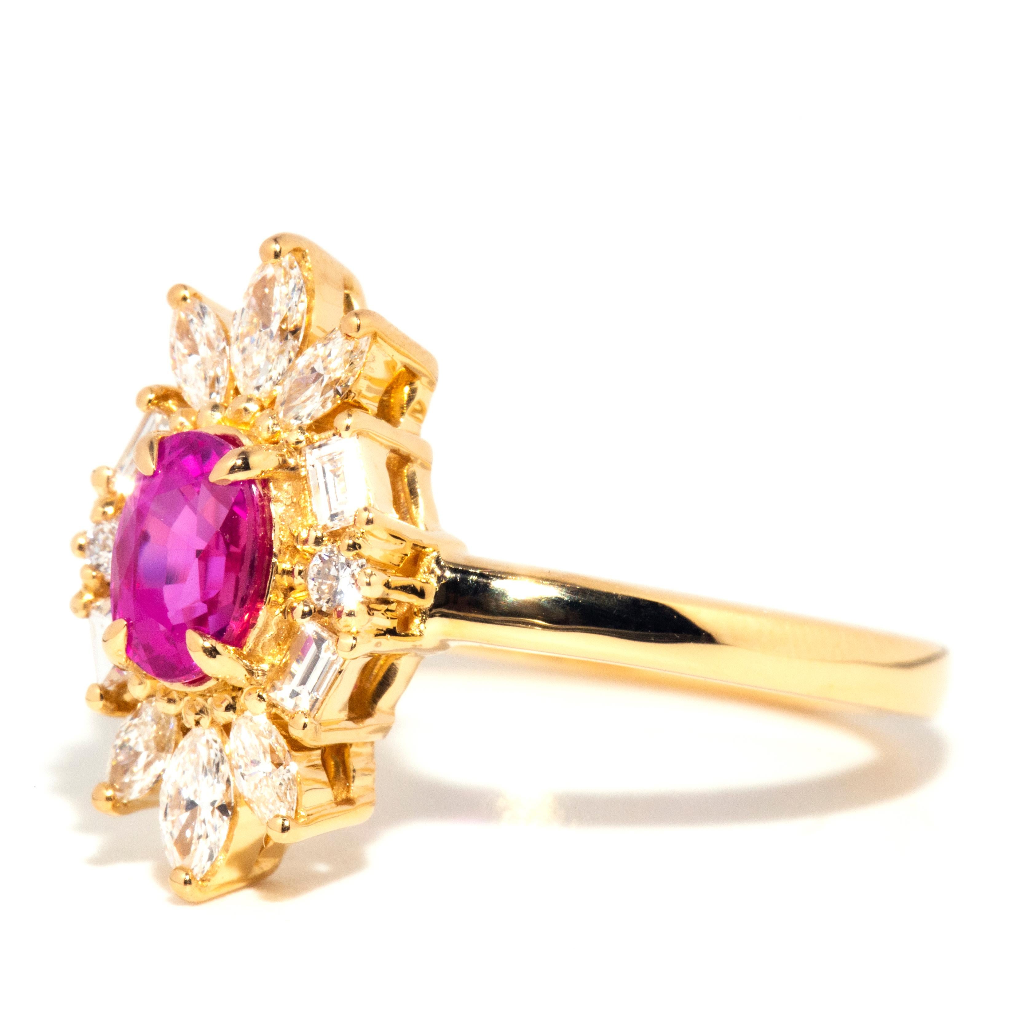Women's or Men's Contemporary 18 Carat Gold Oval Vivid Pink Sapphire & Diamond Halo Cluster Ring