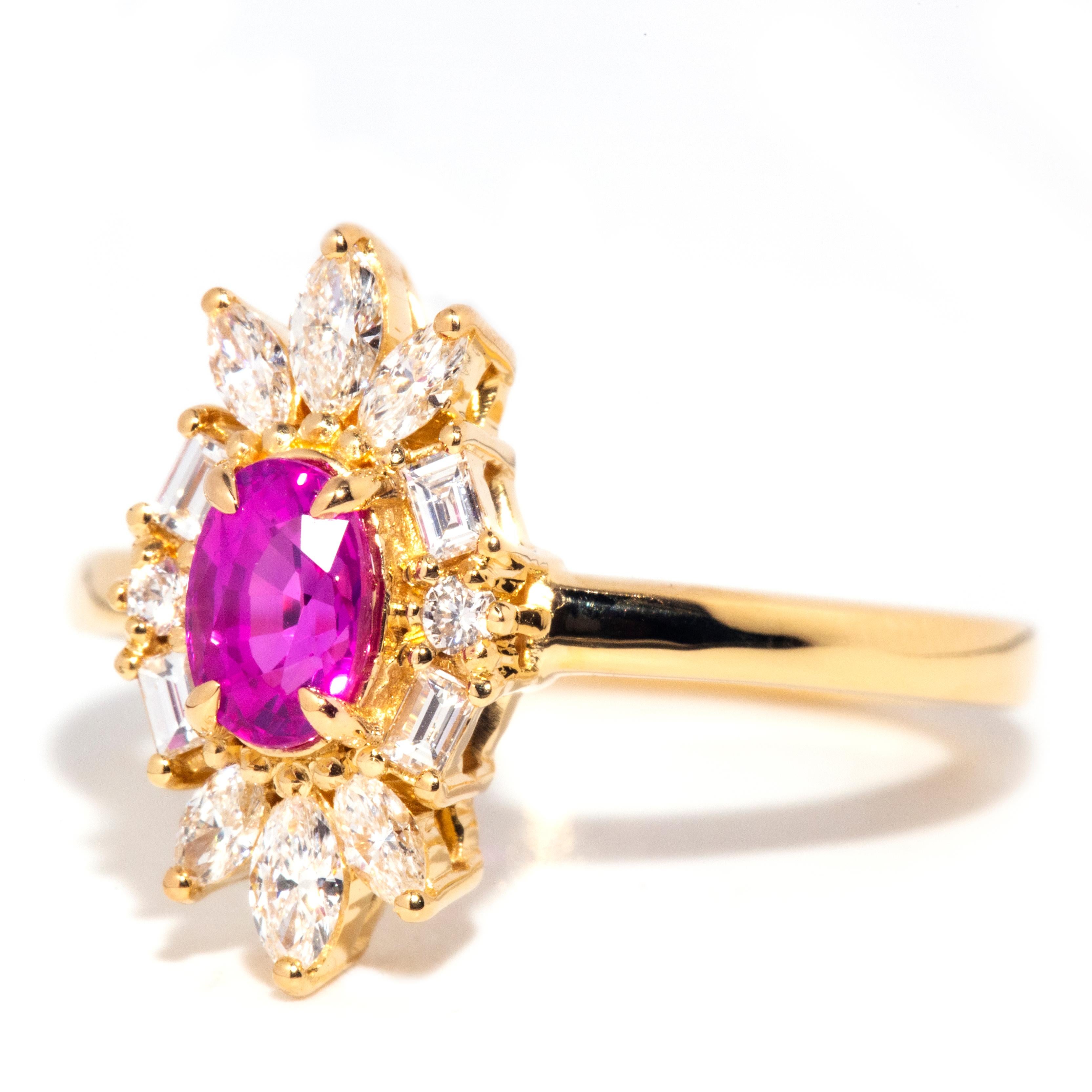 Contemporary 18 Carat Gold Oval Vivid Pink Sapphire & Diamond Halo Cluster Ring 1