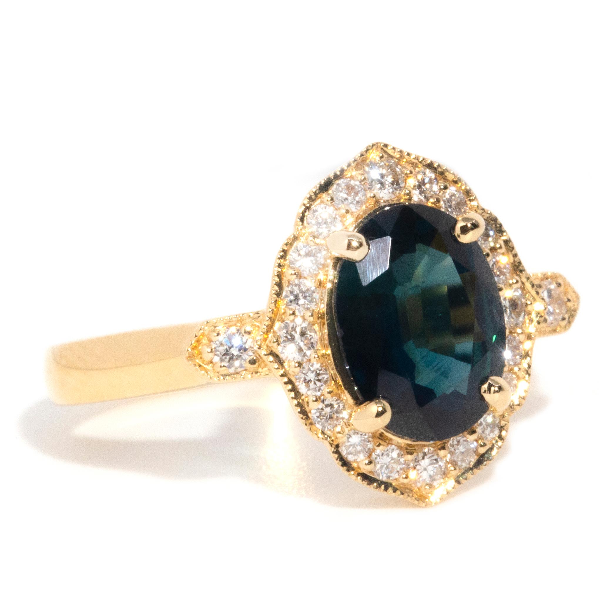 Oval Cut Contemporary 18 Carat Gold Teal and Blue Sapphire and Diamond Halo Cluster Ring