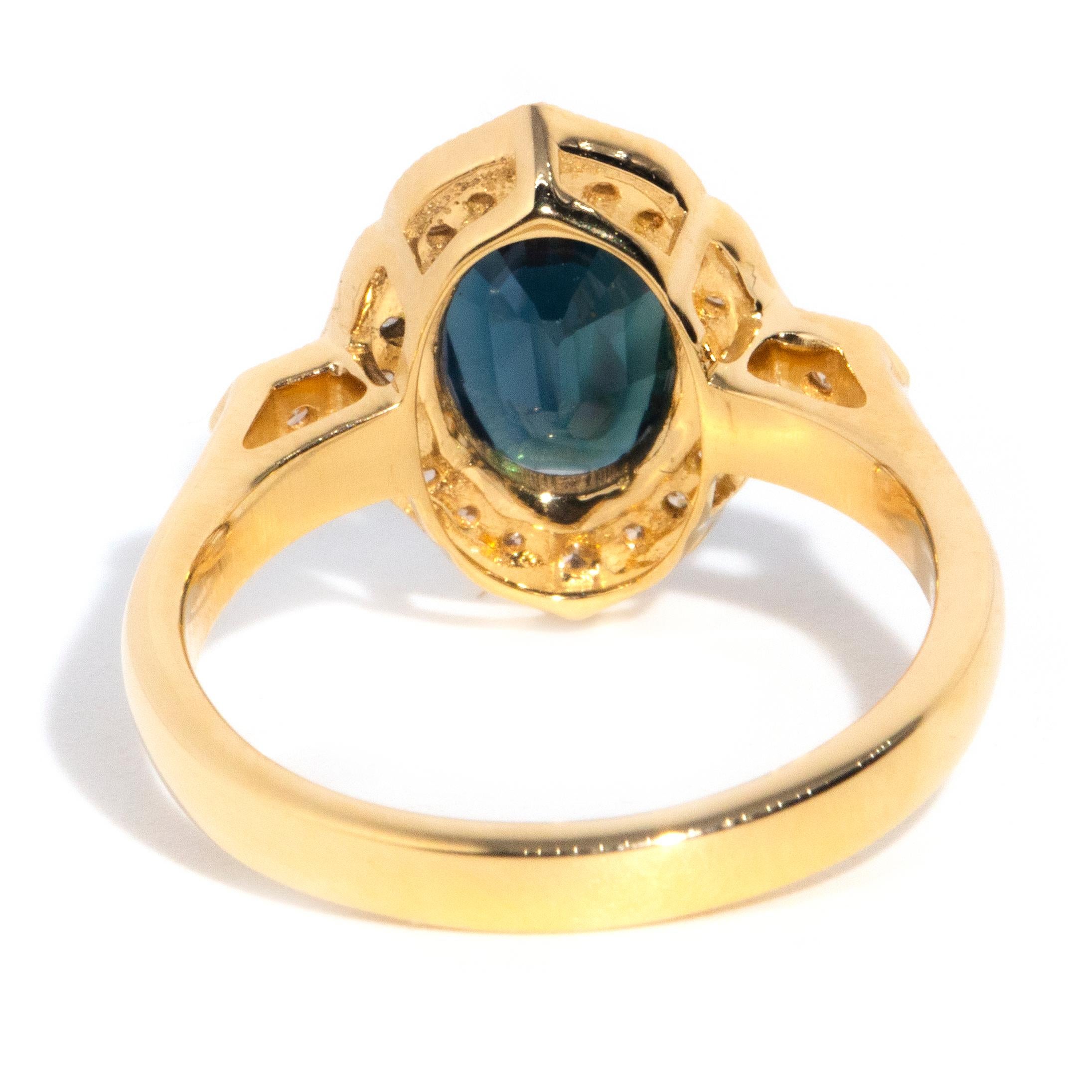Contemporary 18 Carat Gold Teal and Blue Sapphire and Diamond Halo Cluster Ring 4