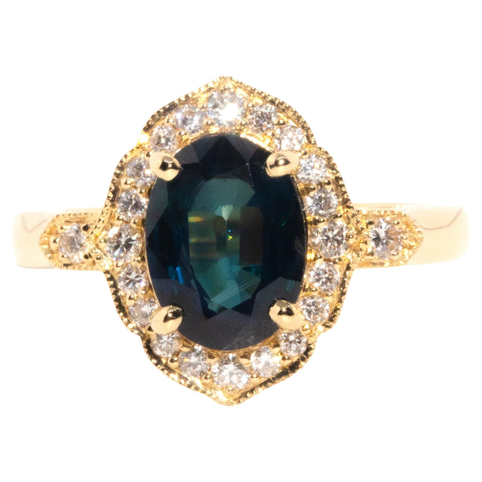 Contemporary 18 Carat Gold Teal and Blue Sapphire and Diamond Halo Cluster Ring