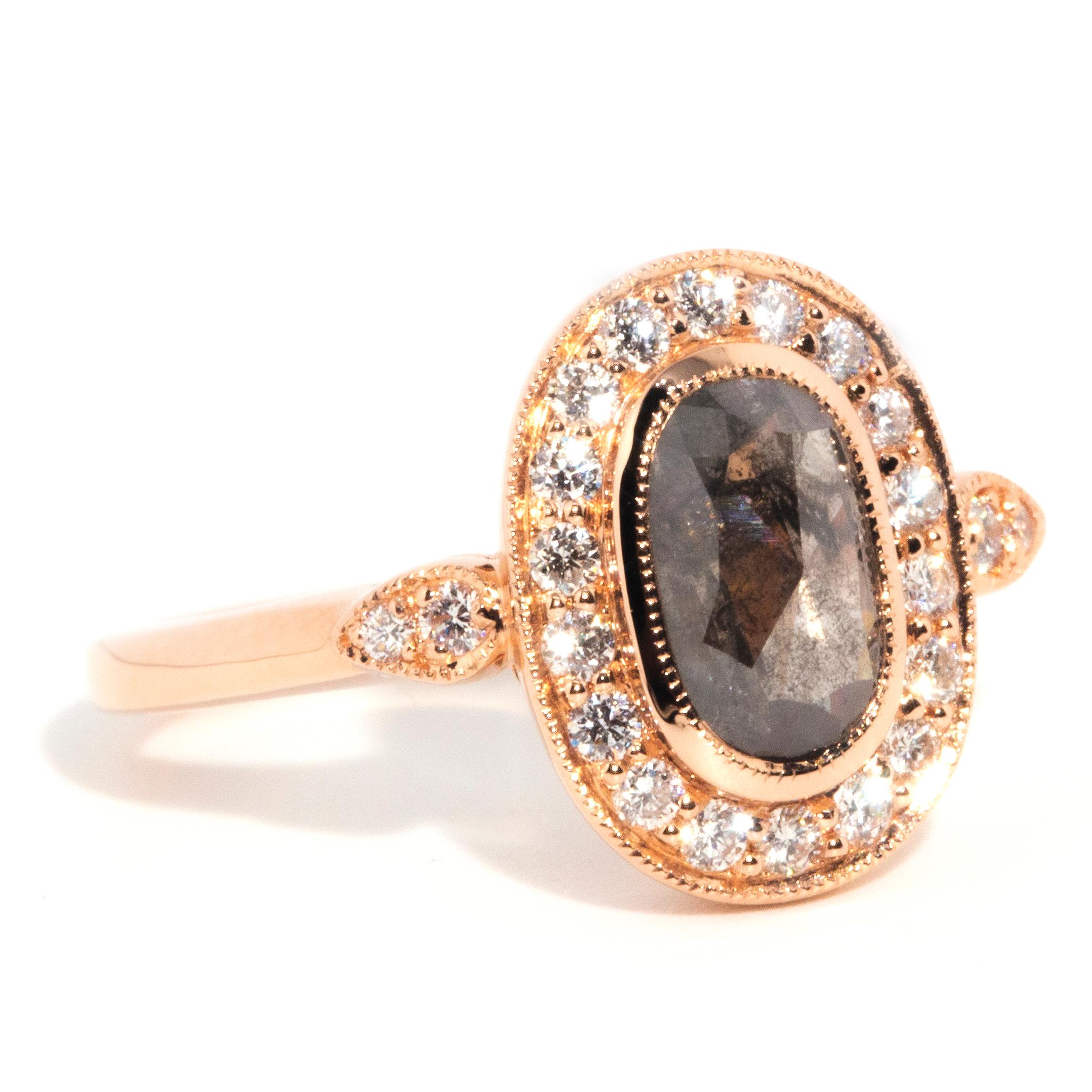 Contemporary 18 Carat Rose Gold Oval Cut Salt and Pepper Diamond Cluster Ring In New Condition For Sale In Hamilton, AU