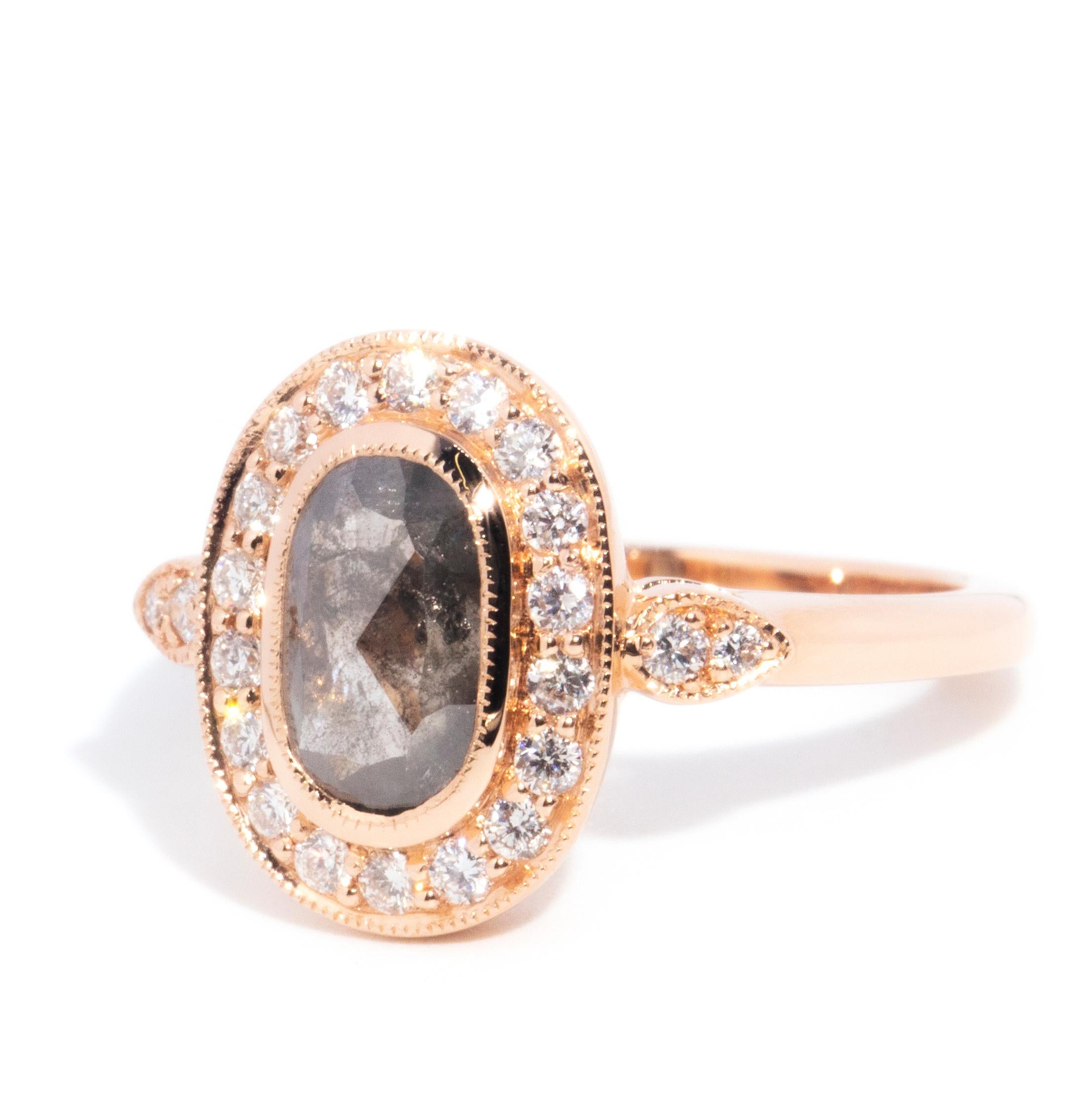 Contemporary 18 Carat Rose Gold Oval Cut Salt and Pepper Diamond Cluster Ring For Sale 5