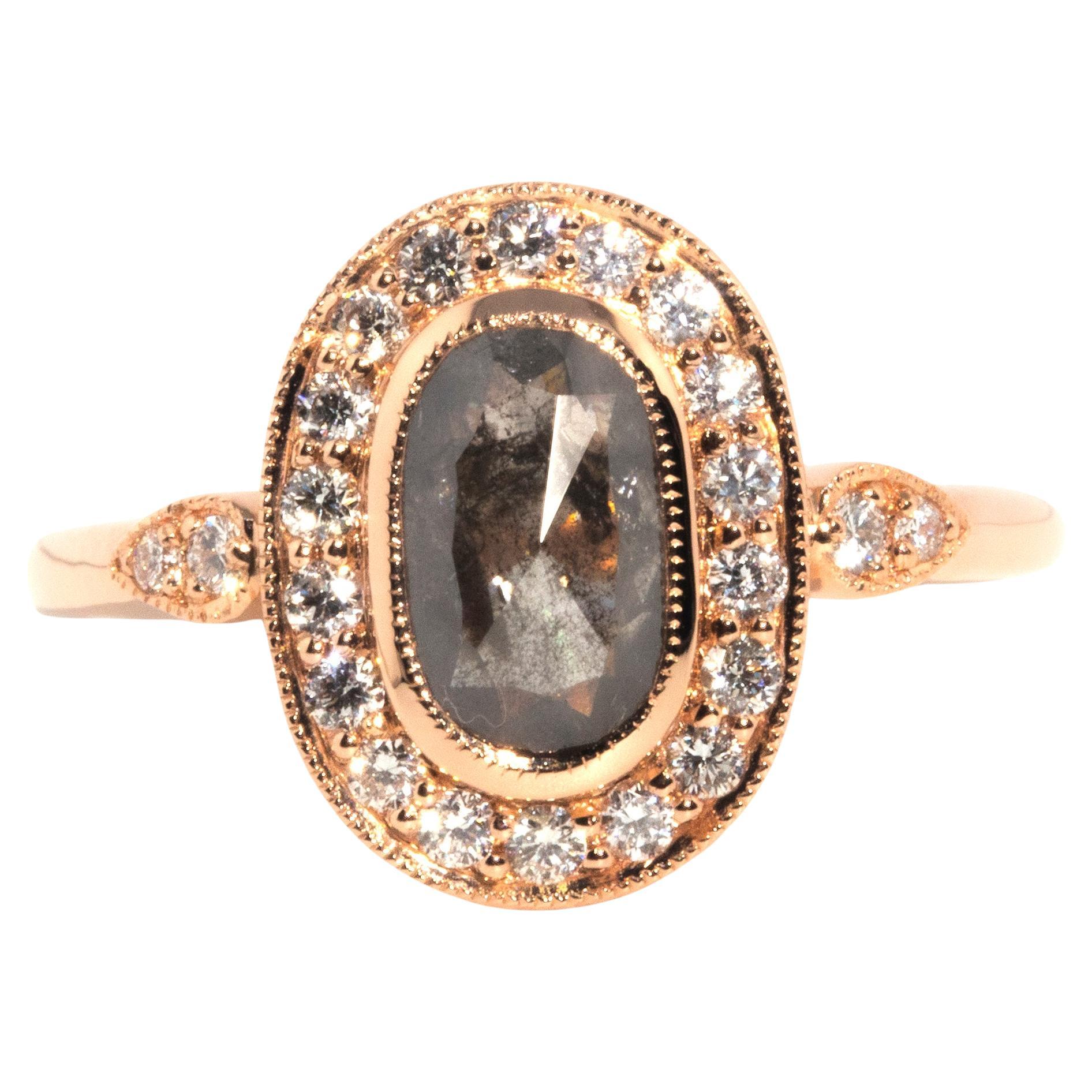 Contemporary 18 Carat Rose Gold Oval Cut Salt and Pepper Diamond Cluster Ring