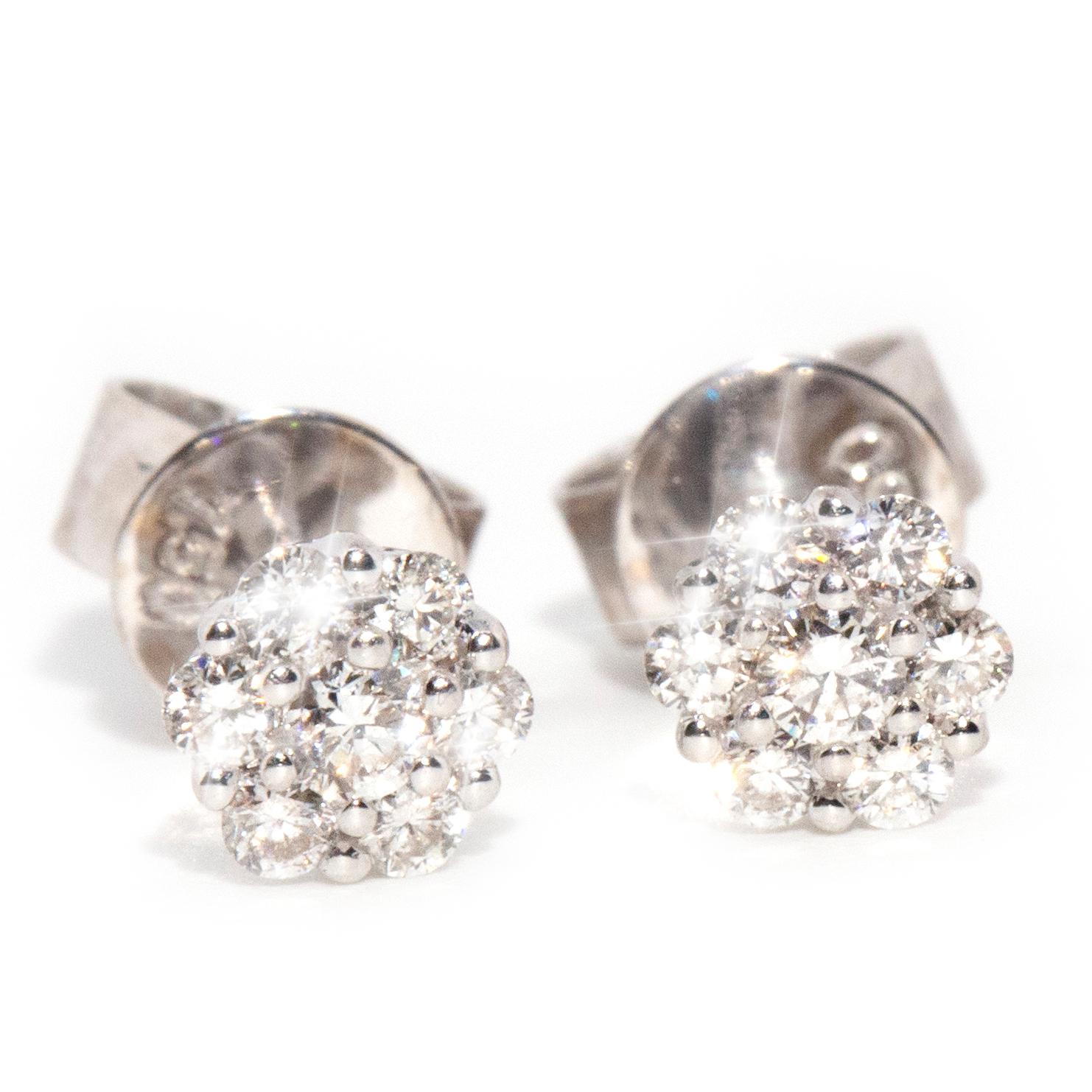 Women's Contemporary 18 Carat White Gold Brilliant Diamond Cluster Studs Style Earrings