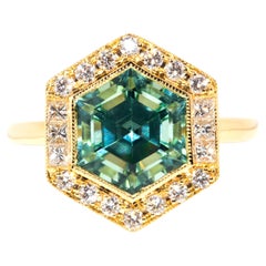 Contemporary 18 Carat Yellow Gold Hexagon Light Green Tourmaline & Diamond Ring
