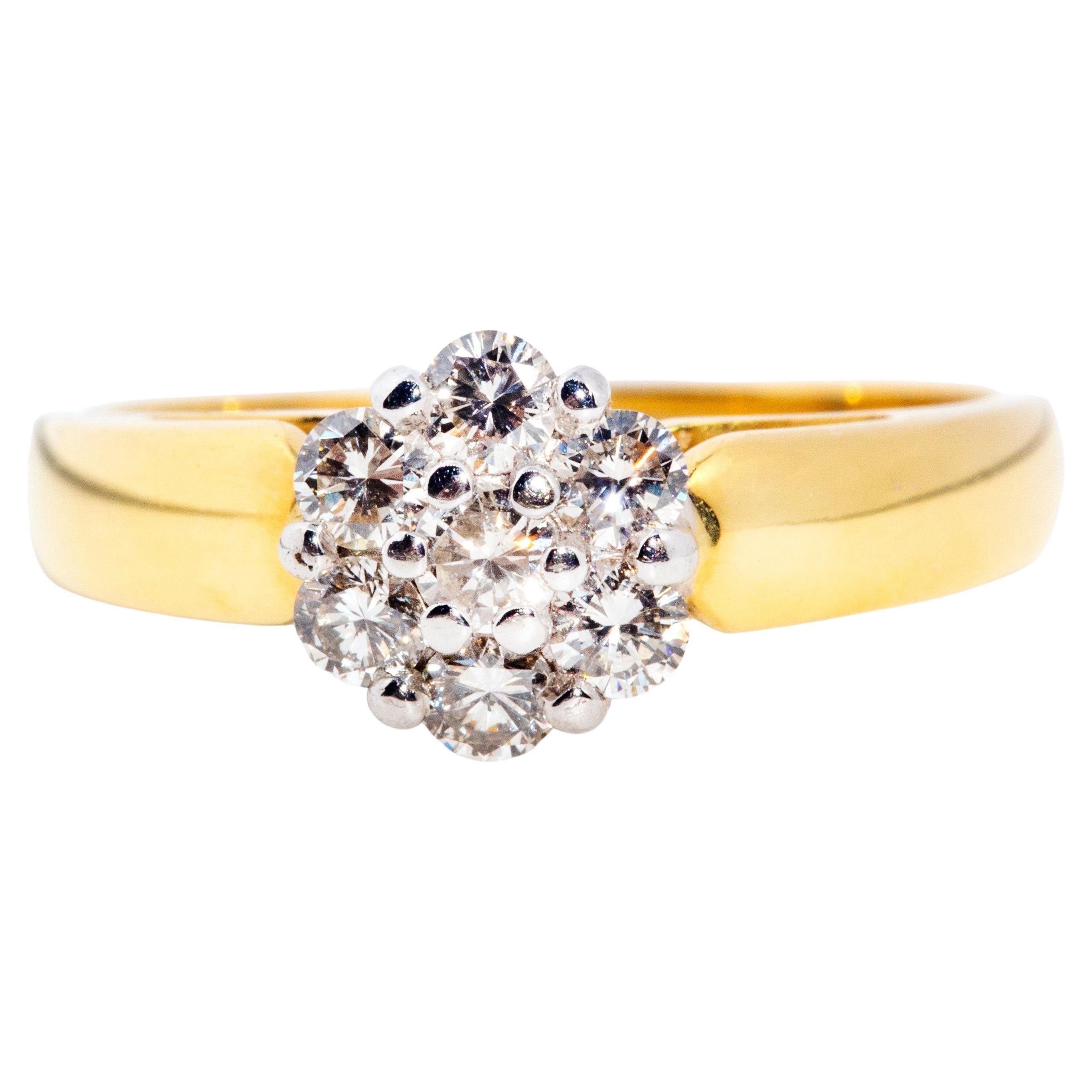 Contemporary 18 Carat Yellow Gold Round Brilliant Diamond Flower Cluster Ring For Sale