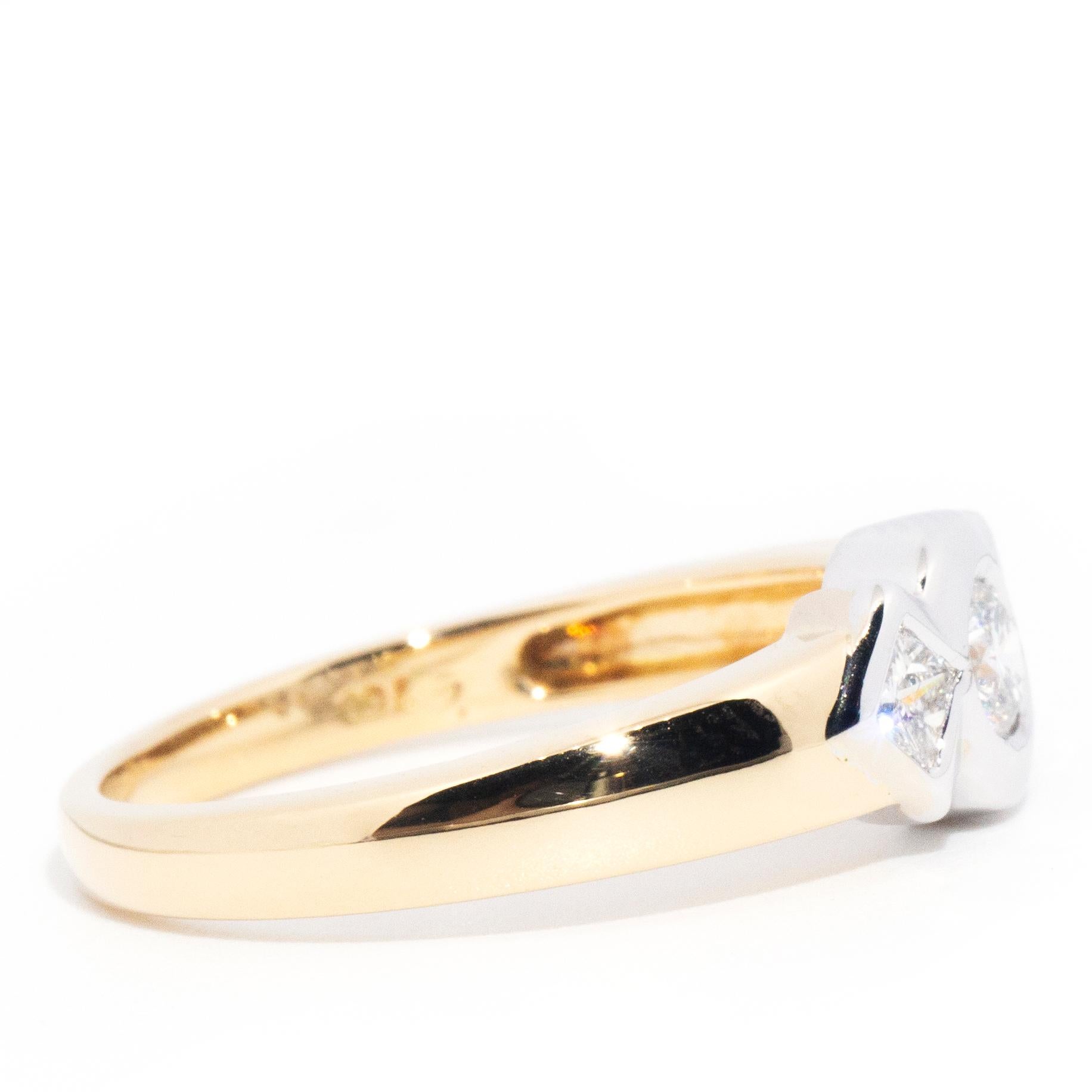 Contemporary 18 Carat Yellow White Gold Rub Over Set Diamond Three Stone Ring In Good Condition For Sale In Hamilton, AU