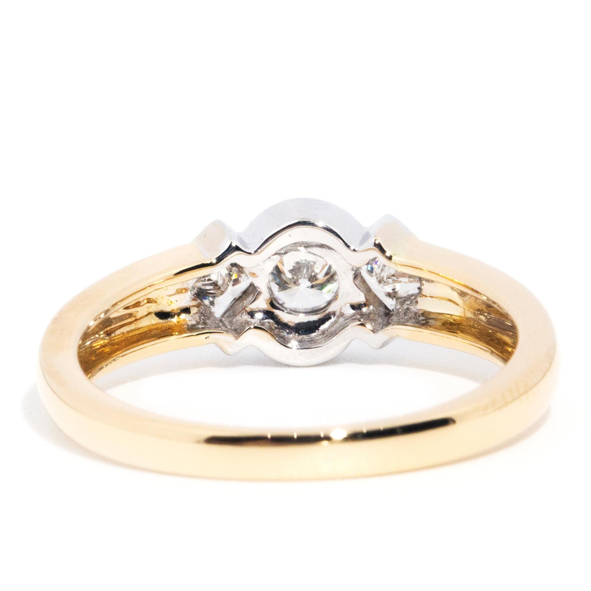 Women's Contemporary 18 Carat Yellow White Gold Rub Over Set Diamond Three Stone Ring For Sale