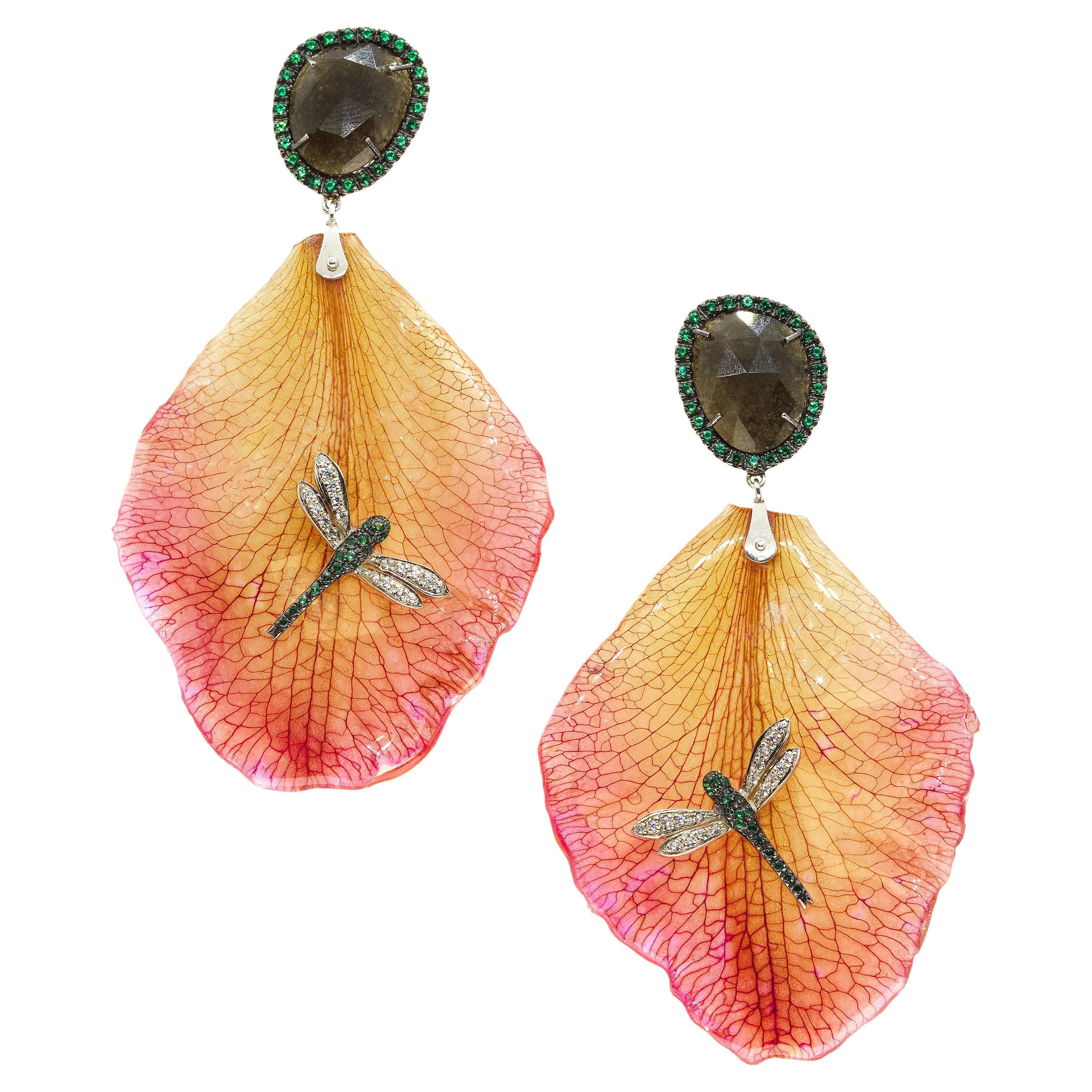 Contemporary 18 Karat Gold Orchid Jade Tsavorite and Diamond Chandelier Earrings