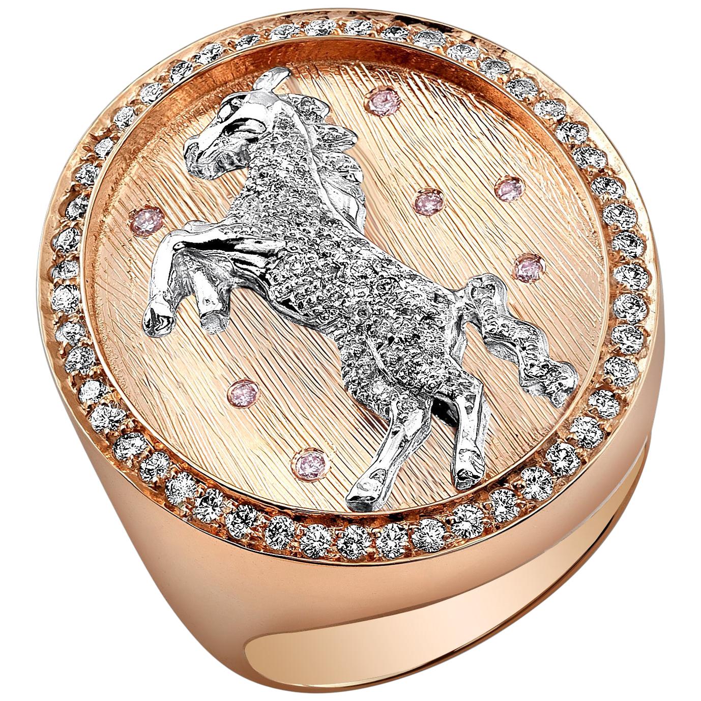 Zeitgenössischer Ring mit Wildpferd aus 18 Karat Gold, Platin und Diamanten 'Gumby'