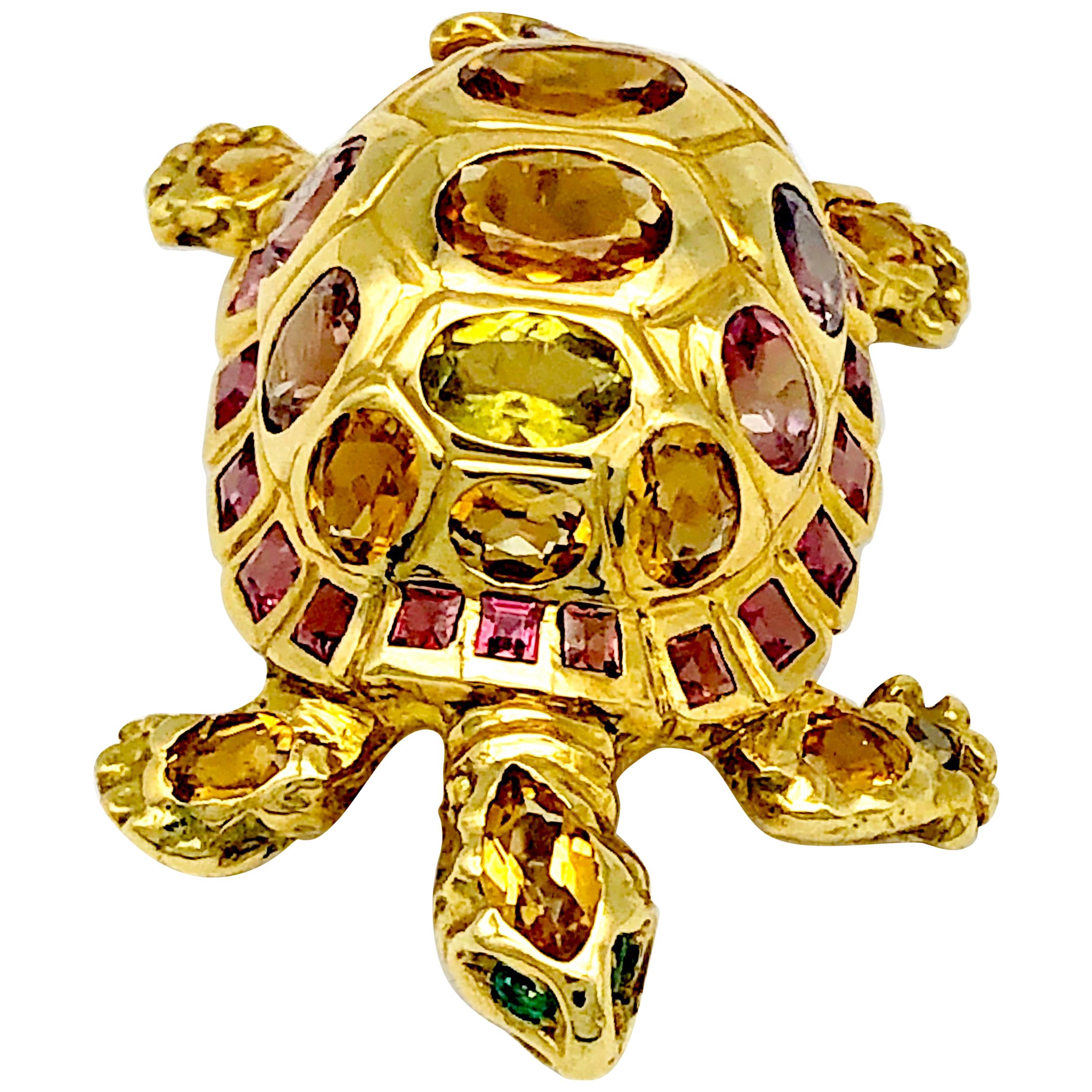 Contemporary 18 Karat Gold Schildkröte Schildkröte Reptil Turmalin Brosche Anhänger