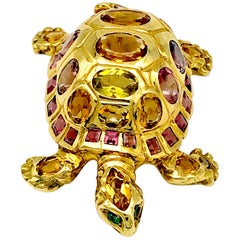 Pendentif contemporain en or 18 carats Tortue Reptile Tourmaline Broche