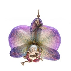 Pendentif broche contemporaine en or rose 18 carats, perle, orchidée véritable et diamant