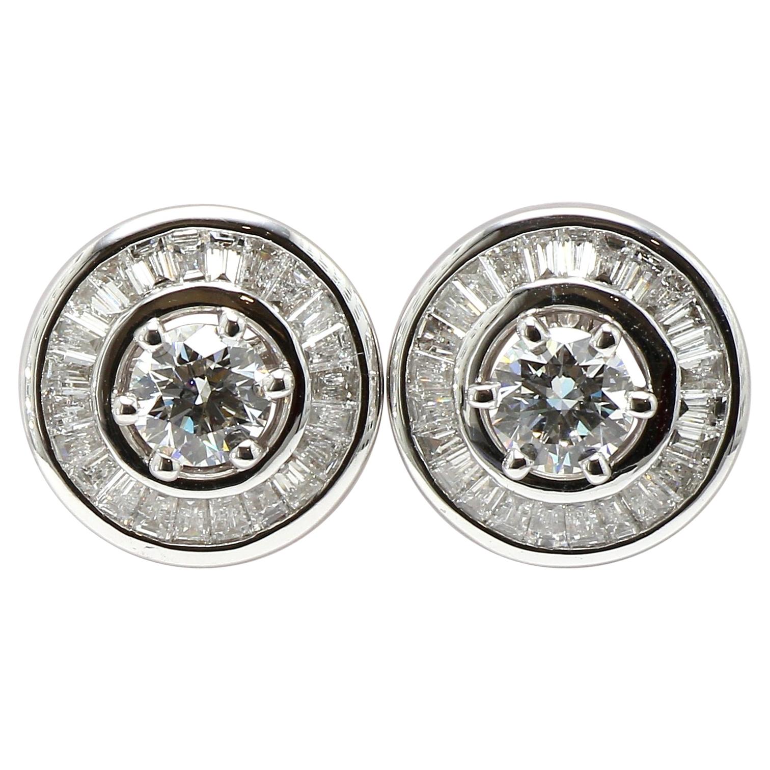 Contemporary 18 Karat White Gold Solitaire Diamonds Studs with Baguette Jackets For Sale