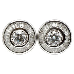 Contemporary 18 Karat White Gold Solitaire Diamonds Studs with Baguette Jackets