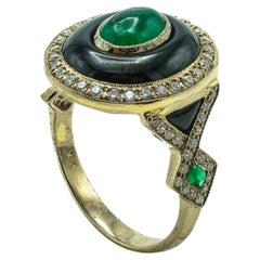 Contemporary 18 Karat Yellow Gold Emerald, Diamond and Onyx Ring