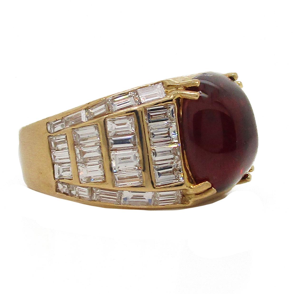 This bold contemporary ring boasts a stunning combination of 18k yellow gold, rich red garnet, and rows of rectangular baguette-cut diamonds! The heavy, strong design makes this ring durable and commanding. The center stone is a deep red garnet held