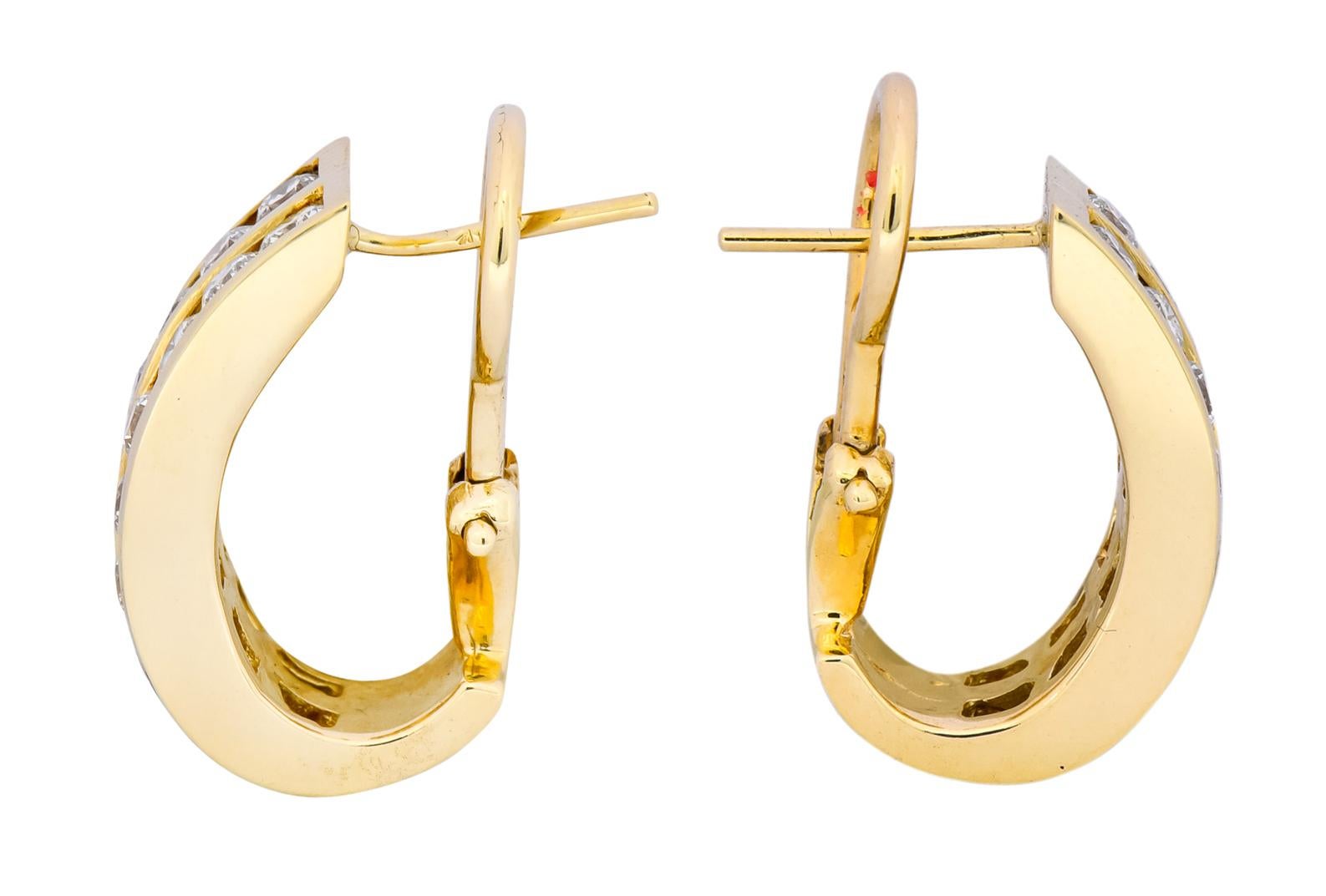 Contemporary 1.80 Carat Diamond 14 Karat Gold J Hoop Earrings In Excellent Condition In Philadelphia, PA