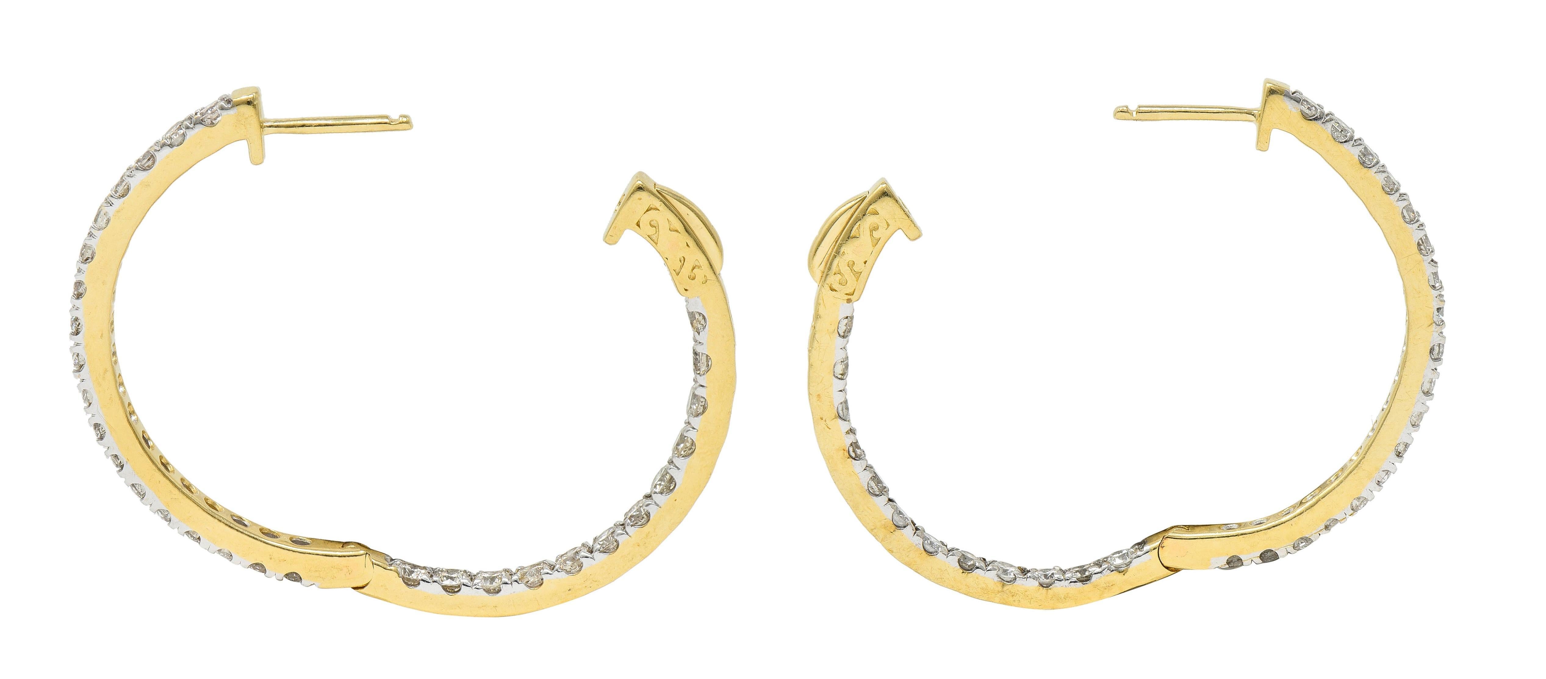 Women's or Men's Contemporary 1.80 CTW Diamond 14 Karat Gold Inside Outside 34 MM Hoop Earrrings For Sale