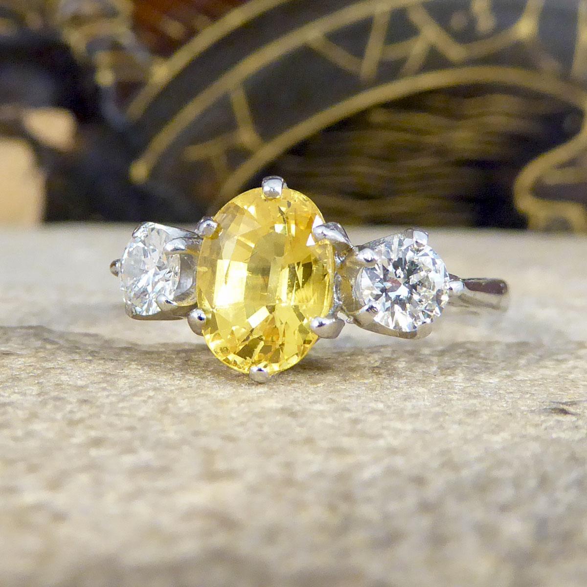 Oval Cut Contemporary 1.84ct Yellow Sapphire and Diamond Three Stone Ring in Platinum