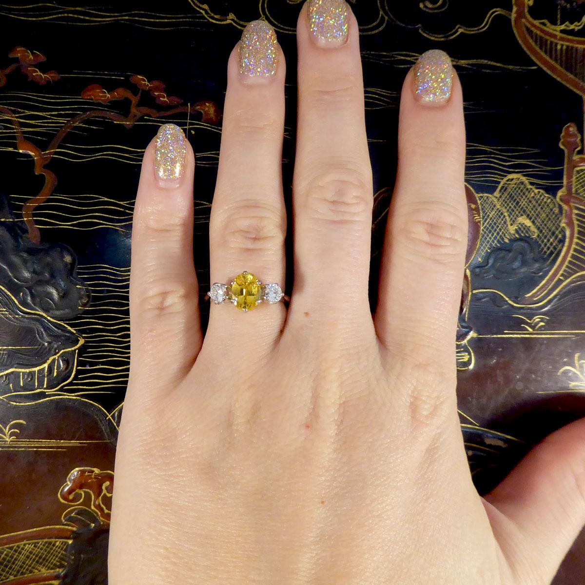 Women's or Men's Contemporary 1.84ct Yellow Sapphire and Diamond Three Stone Ring in Platinum
